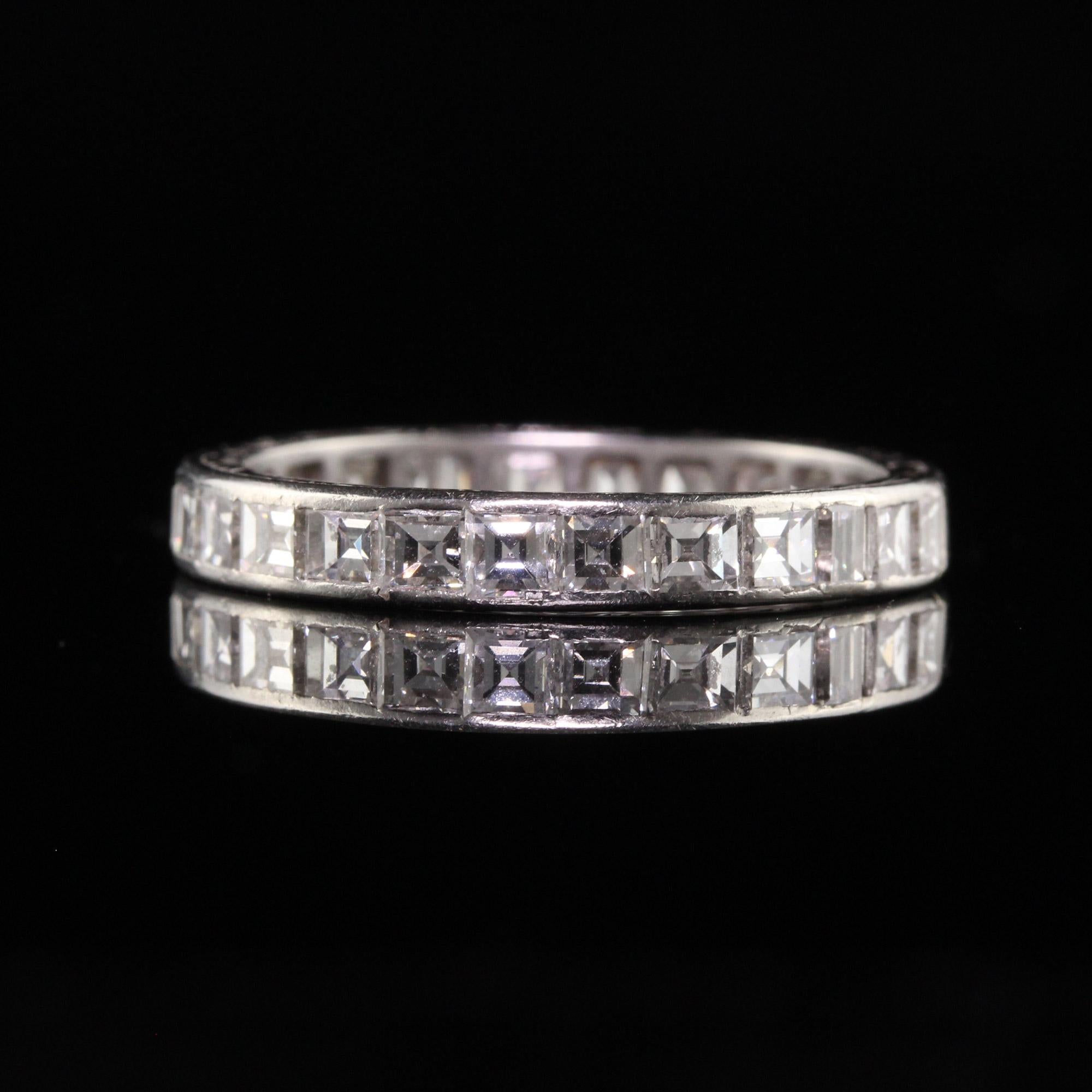 Vintage Retro Platinum Engraved Carre Cut Diamond Eternity Band In Fair Condition For Sale In Great Neck, NY