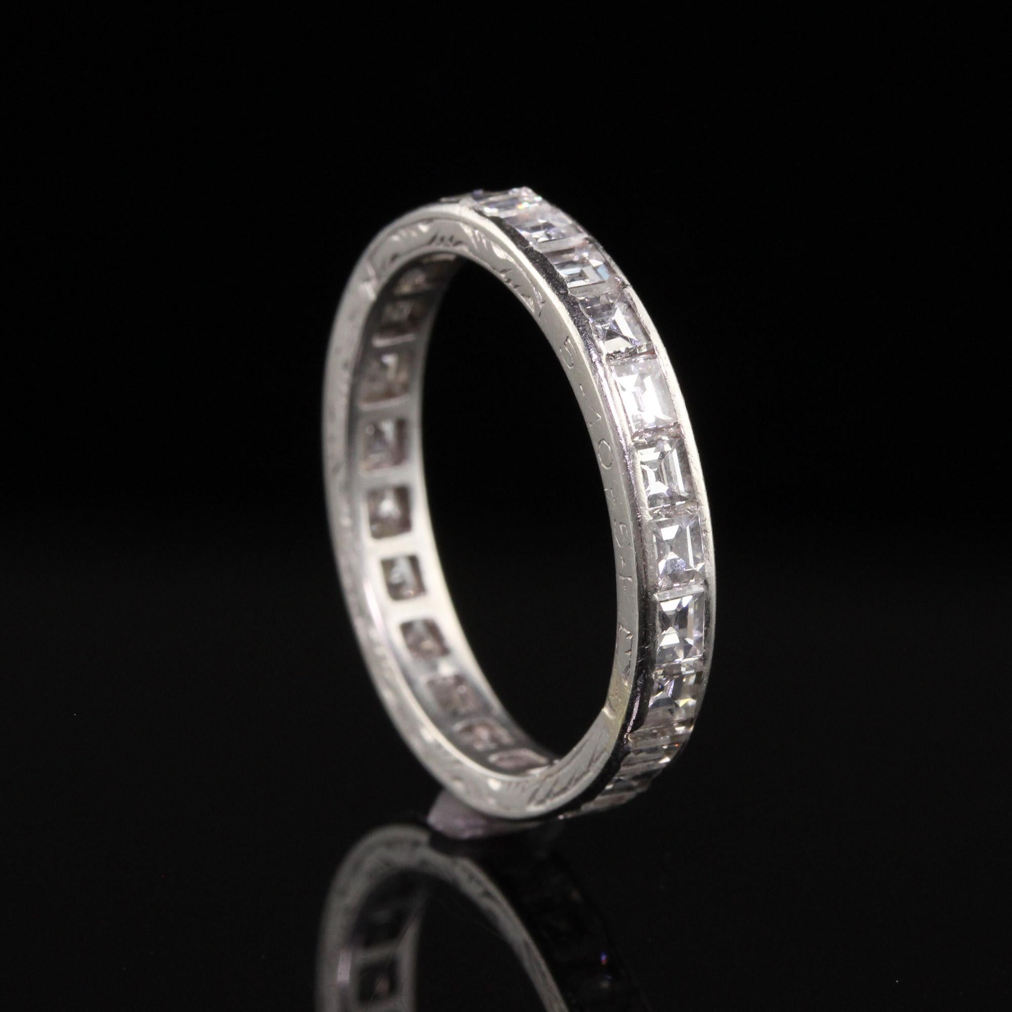 Women's Vintage Retro Platinum Engraved Carre Cut Diamond Eternity Band For Sale