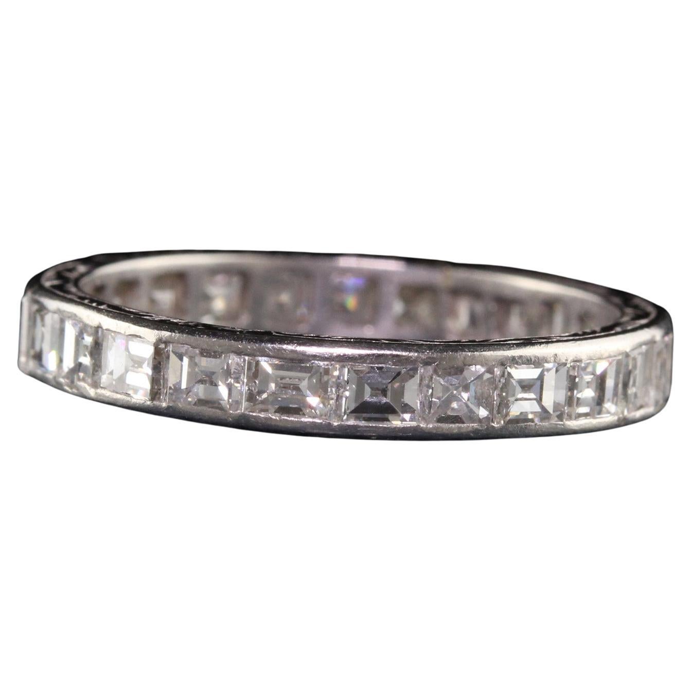 Vintage Retro Platinum Engraved Carre Cut Diamond Eternity Band For Sale