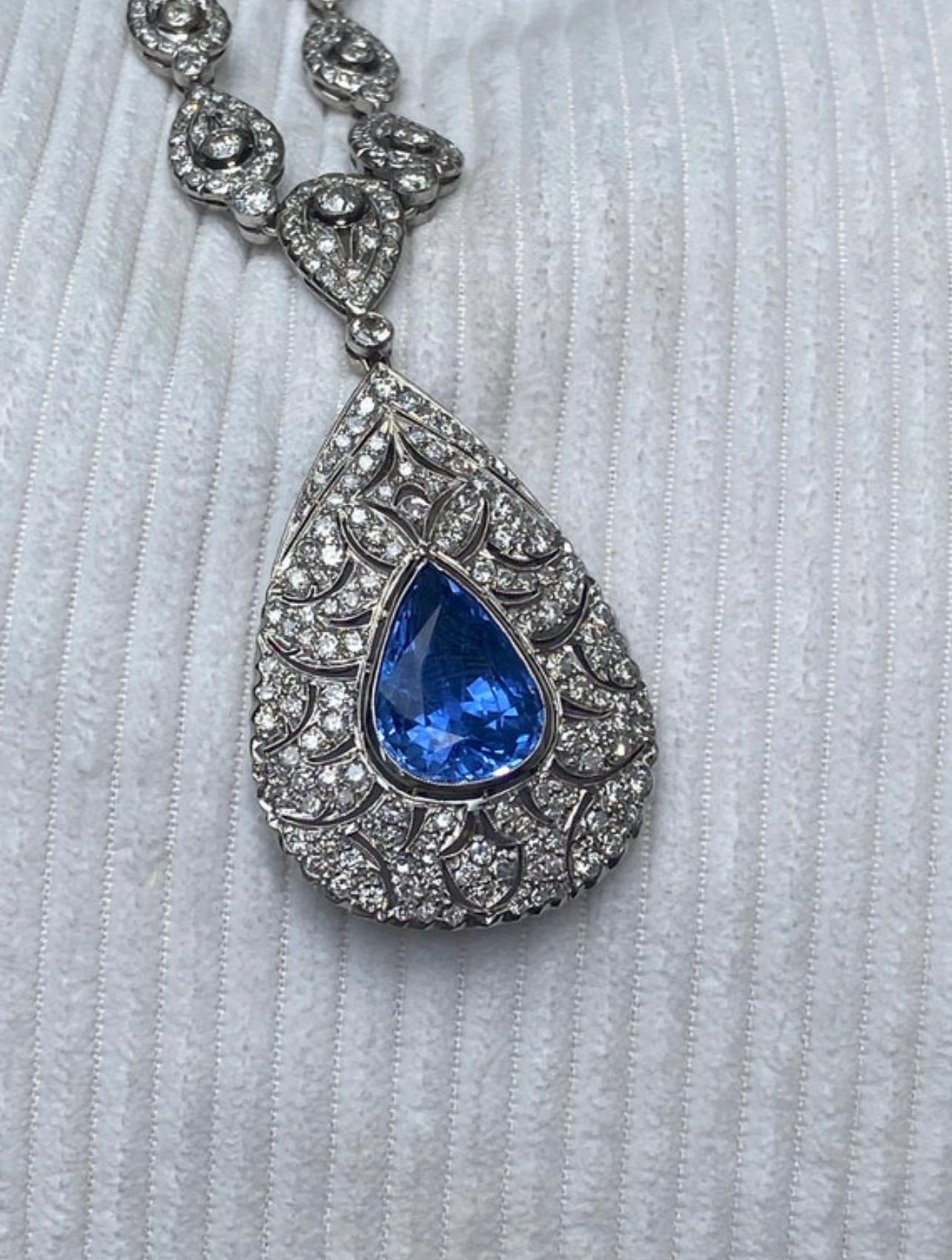 Art Deco Vintage Retro Platinum GIA 15.48ctw Sapphire and Diamond Statement Necklace
