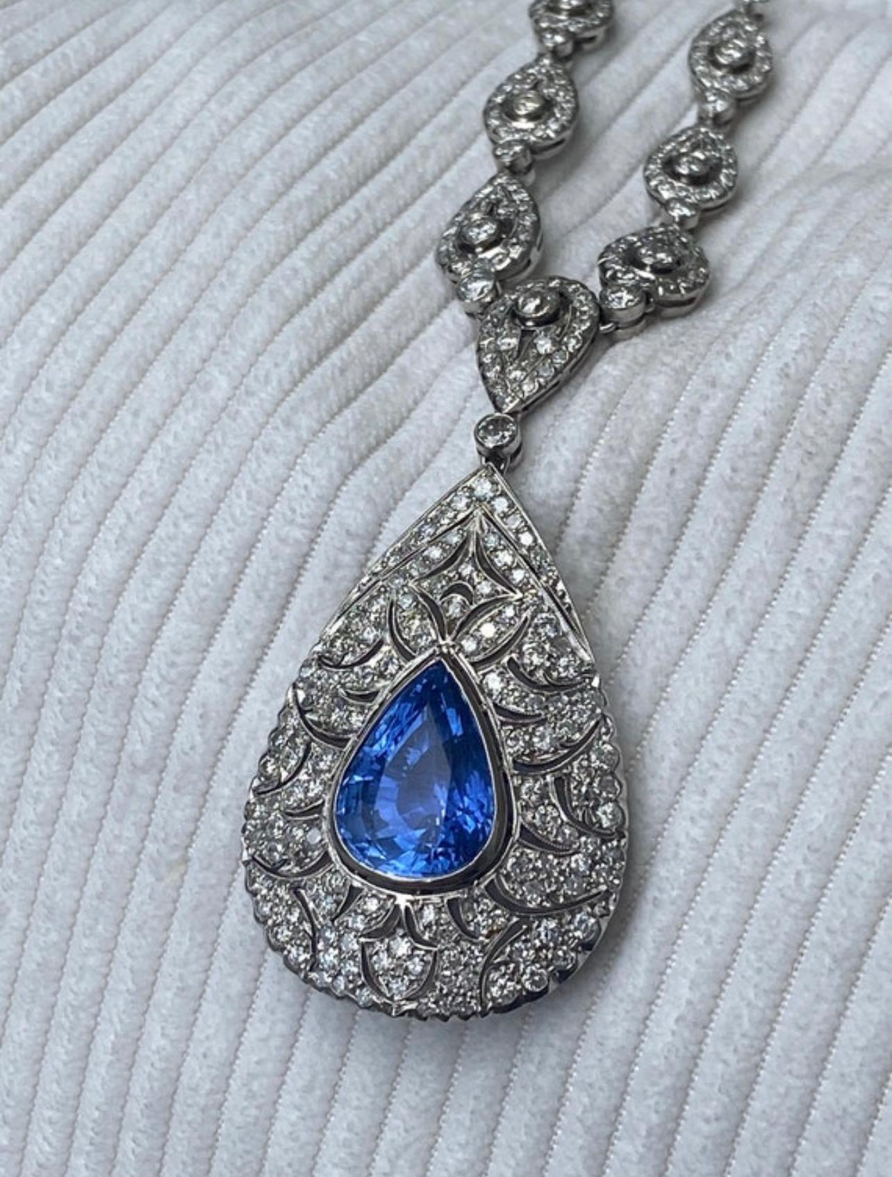 Pear Cut Vintage Retro Platinum GIA 15.48ctw Sapphire and Diamond Statement Necklace