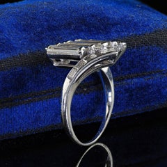 Vintage Retro Platinum Long Baguette Diamond Cocktail Ring