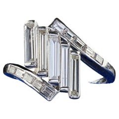 Vintage Retro Platinum Long Baguette Diamond Cocktail Ring