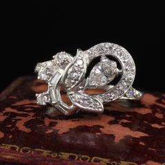 Vintage Retro Platinum Marquise Baguette Diamond Floral Cocktail Ring