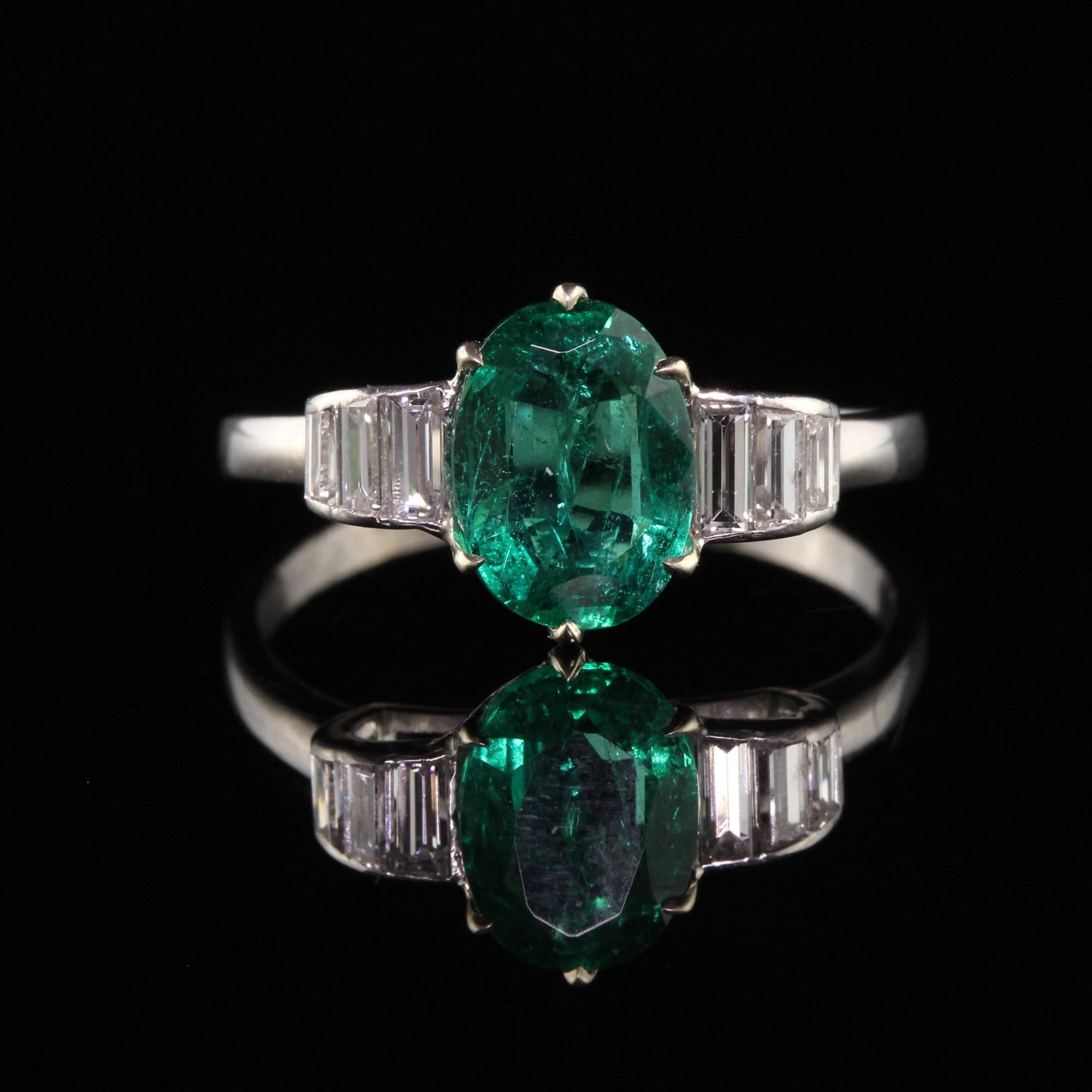 Women's Vintage Retro Platinum Natural Emerald and Diamond Engagement Ring For Sale