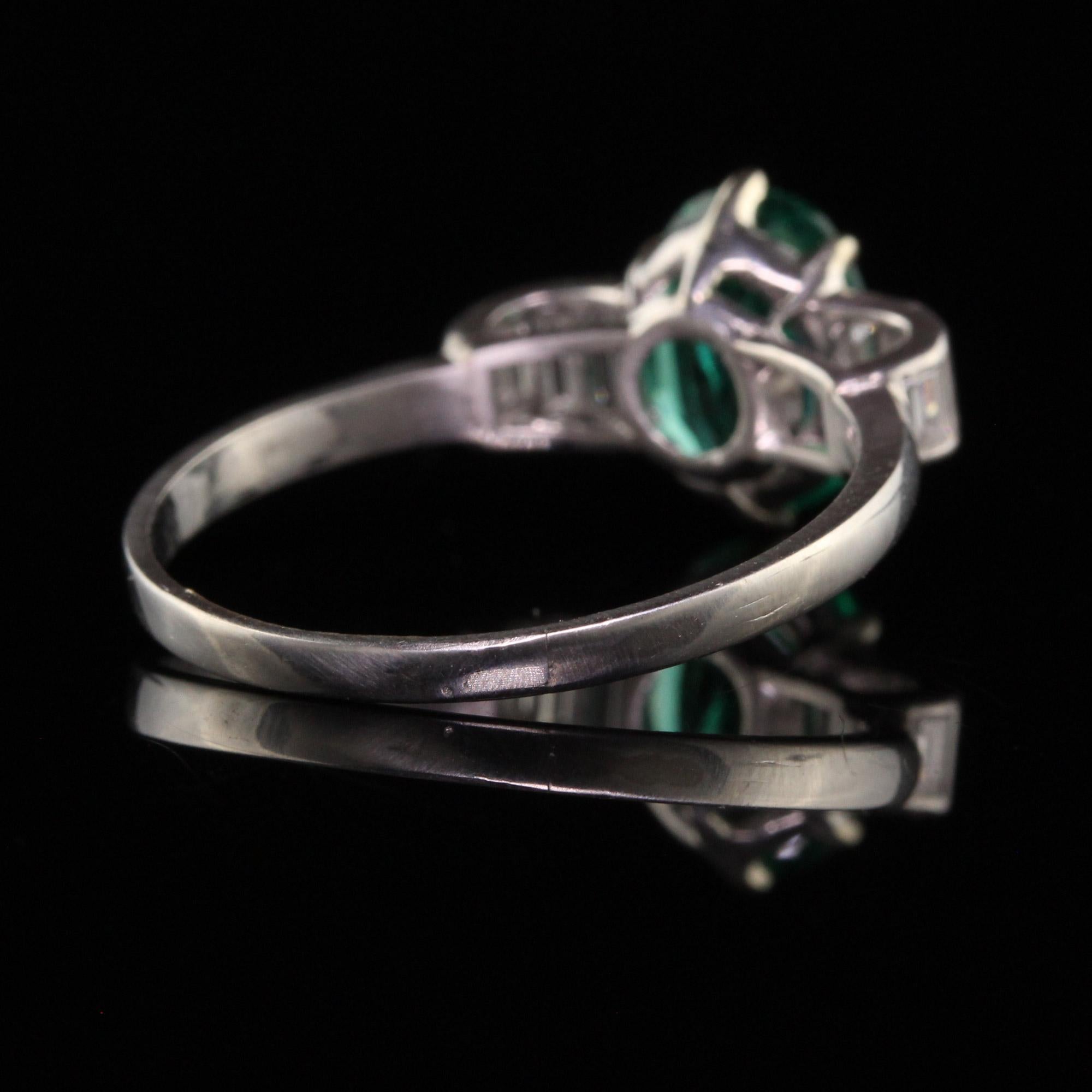 Vintage Retro Platinum Natural Emerald and Diamond Engagement Ring For Sale 1
