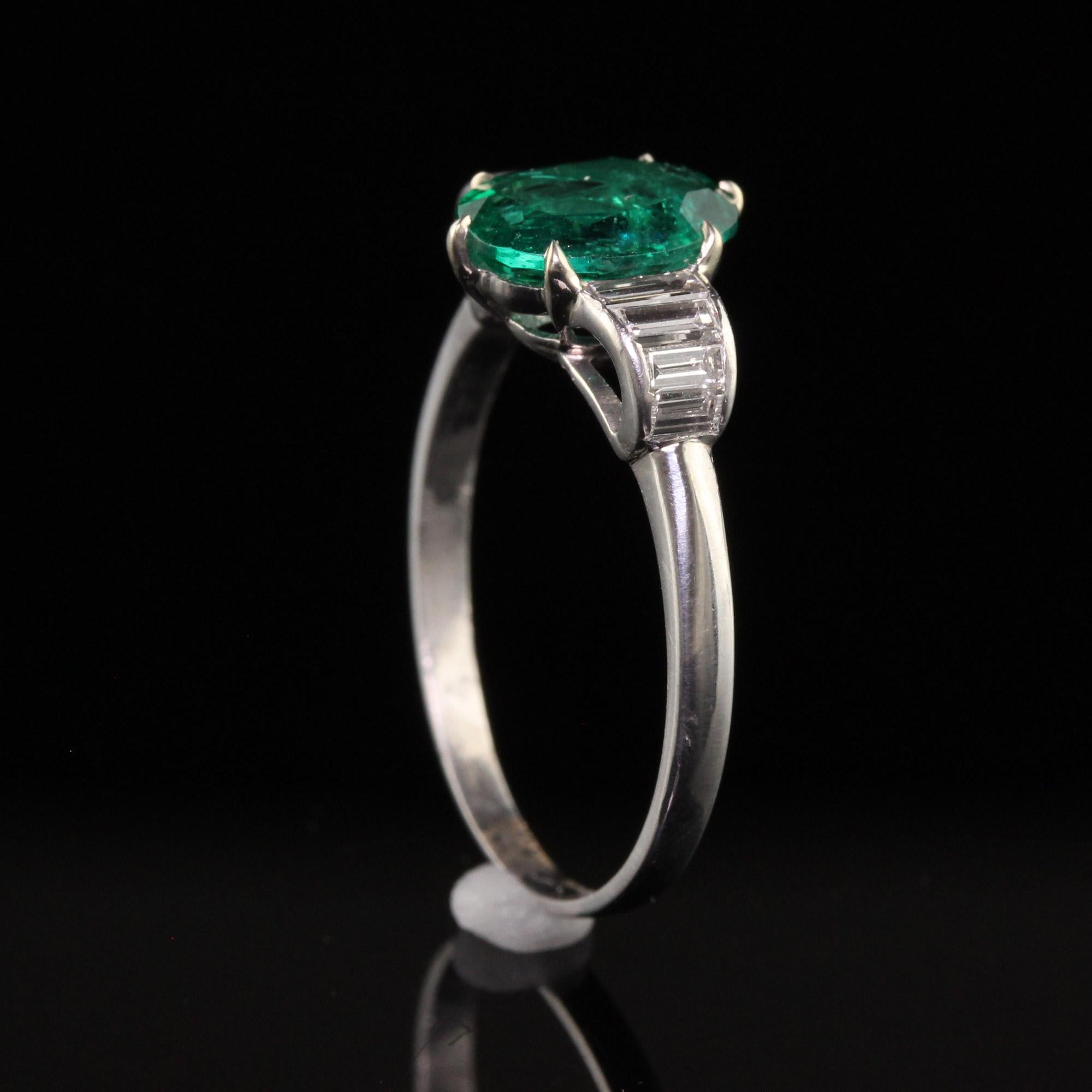 Vintage Retro Platinum Natural Emerald and Diamond Engagement Ring For Sale 2