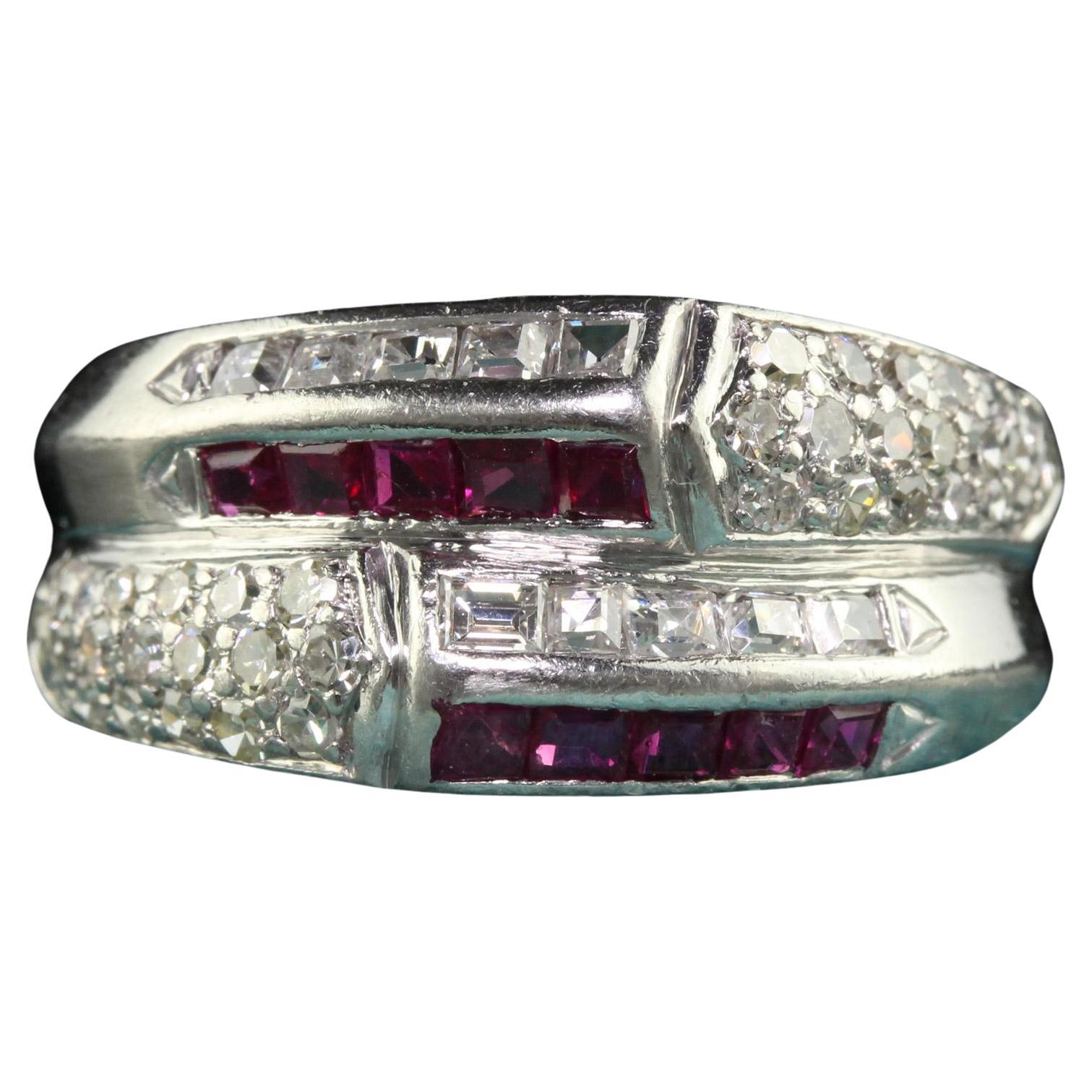 Vintage Retro Platinum Old Carre Cut Diamond and Ruby Band - Size 7 1/4