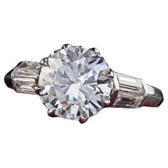 Vintage Retro Platinum Old Cut Diamond and Baguette Engagement Ring - GIA