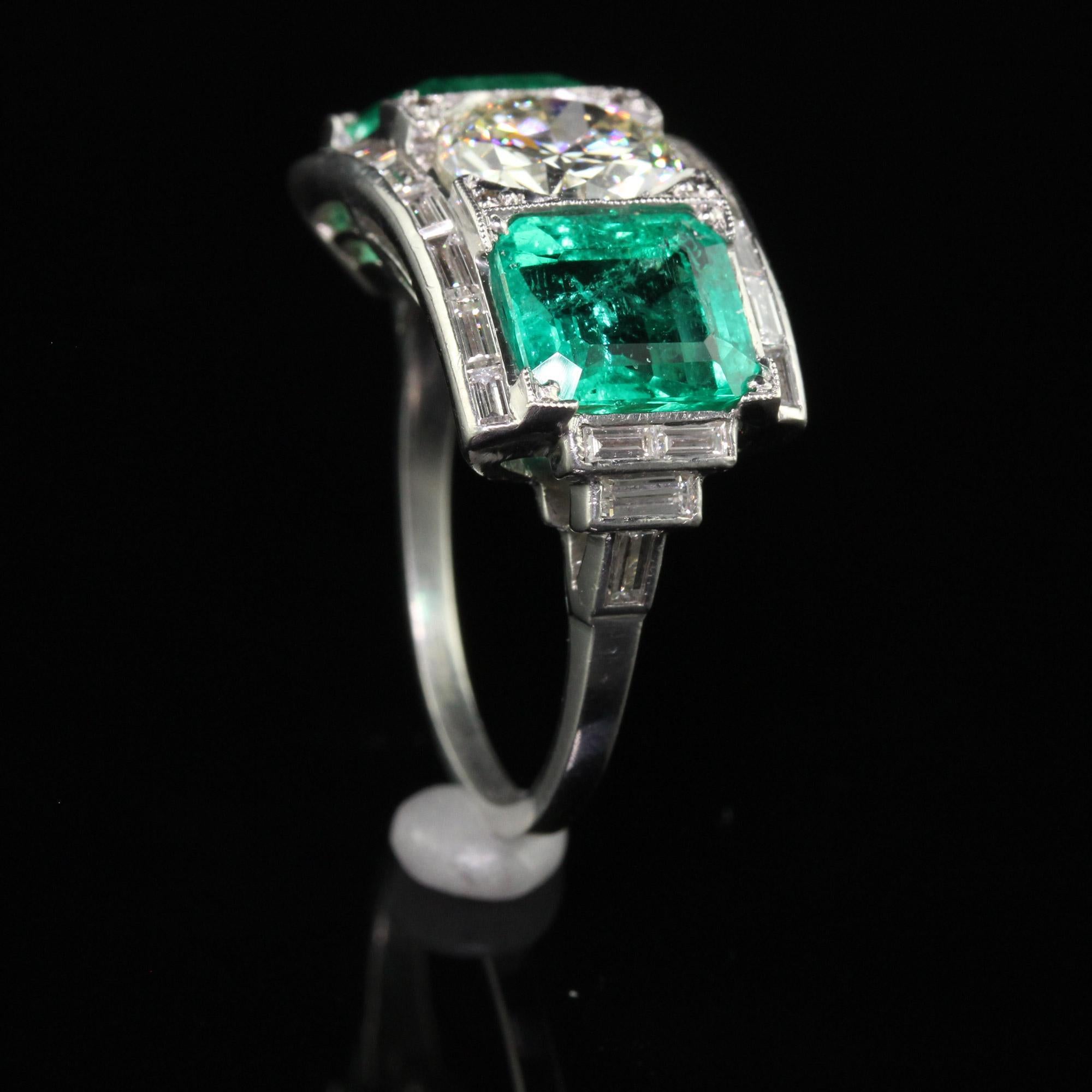 Vintage Retro Platinum Old Cut Diamond and Emerald Three Stone Ring - GIA/AGL For Sale 5