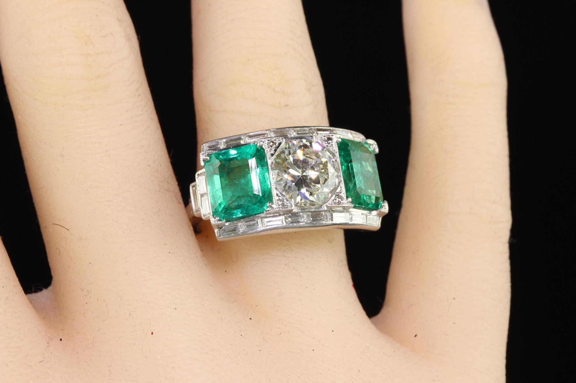 Vintage Retro Platinum Old Cut Diamond and Emerald Three Stone Ring - GIA/AGL For Sale 6