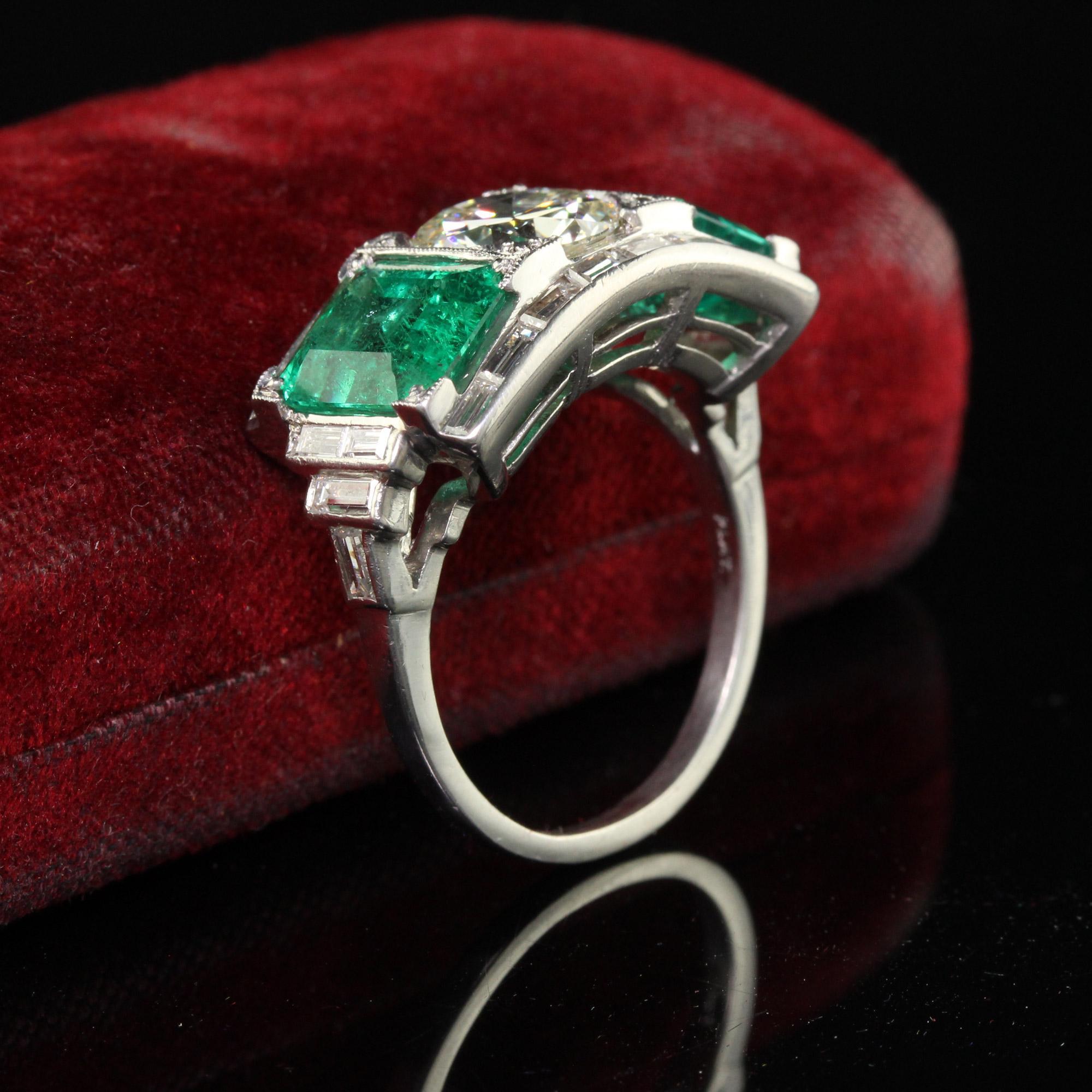 Old European Cut Vintage Retro Platinum Old Cut Diamond and Emerald Three Stone Ring - GIA/AGL For Sale