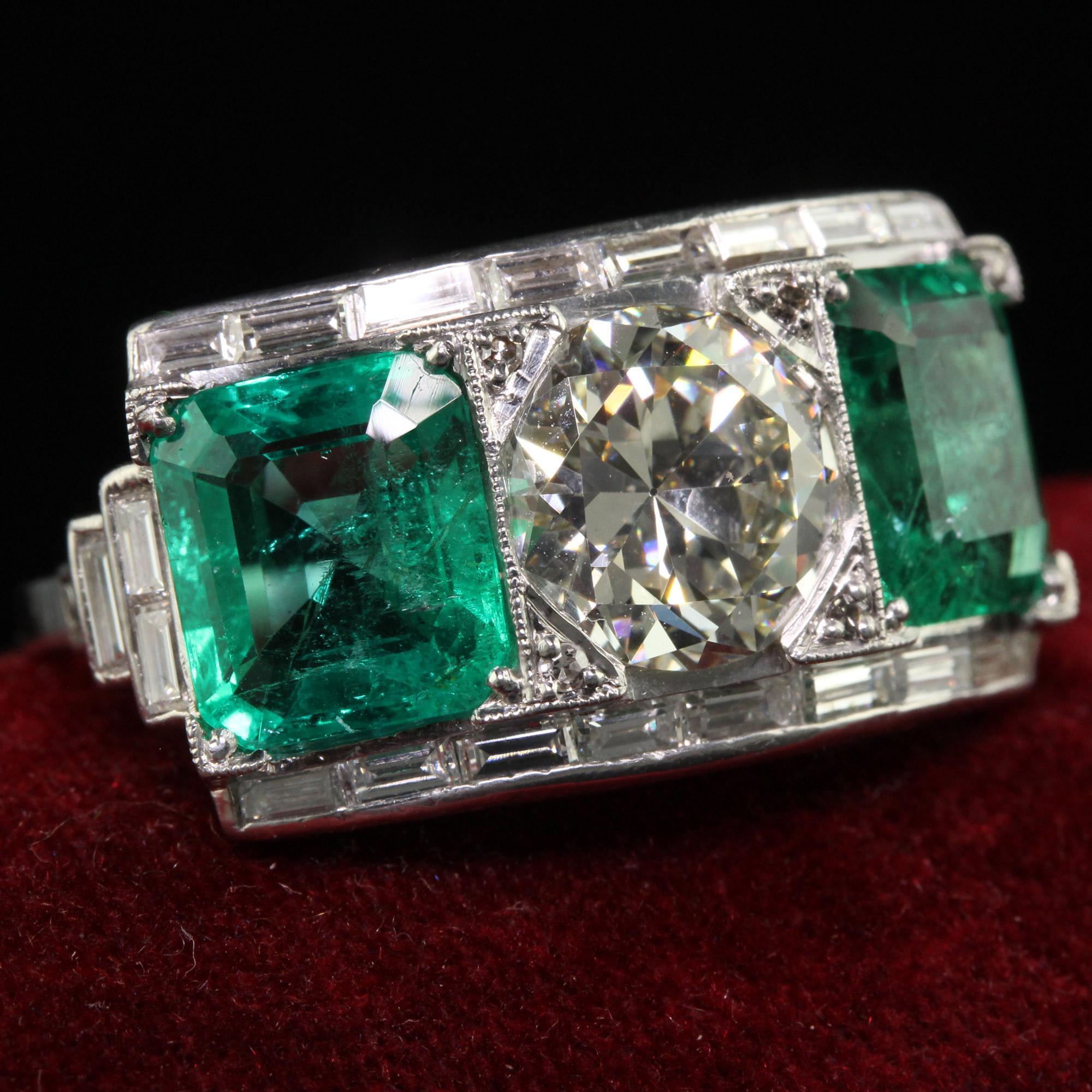 Women's Vintage Retro Platinum Old Cut Diamond and Emerald Three Stone Ring - GIA/AGL For Sale