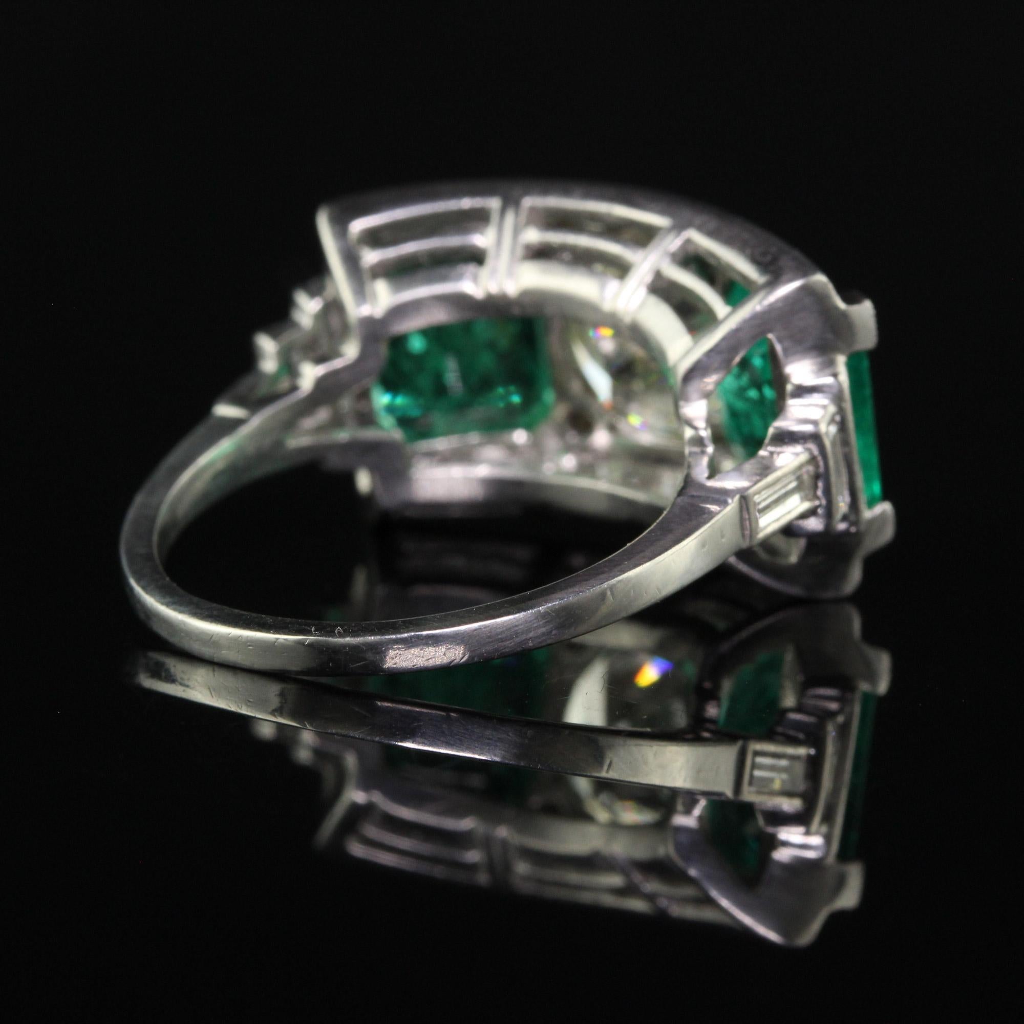 Vintage Retro Platinum Old Cut Diamond and Emerald Three Stone Ring - GIA/AGL For Sale 1