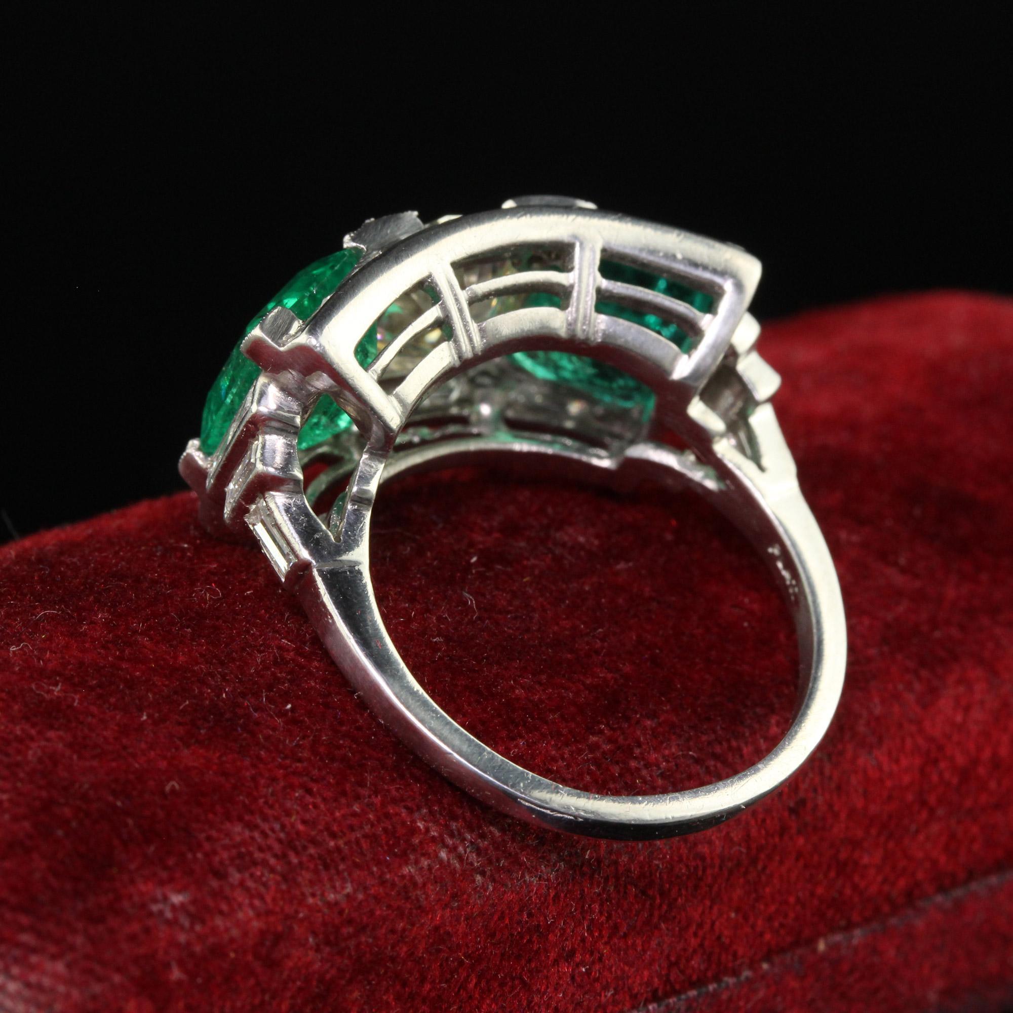 Vintage Retro Platinum Old Cut Diamond and Emerald Three Stone Ring - GIA/AGL For Sale 2