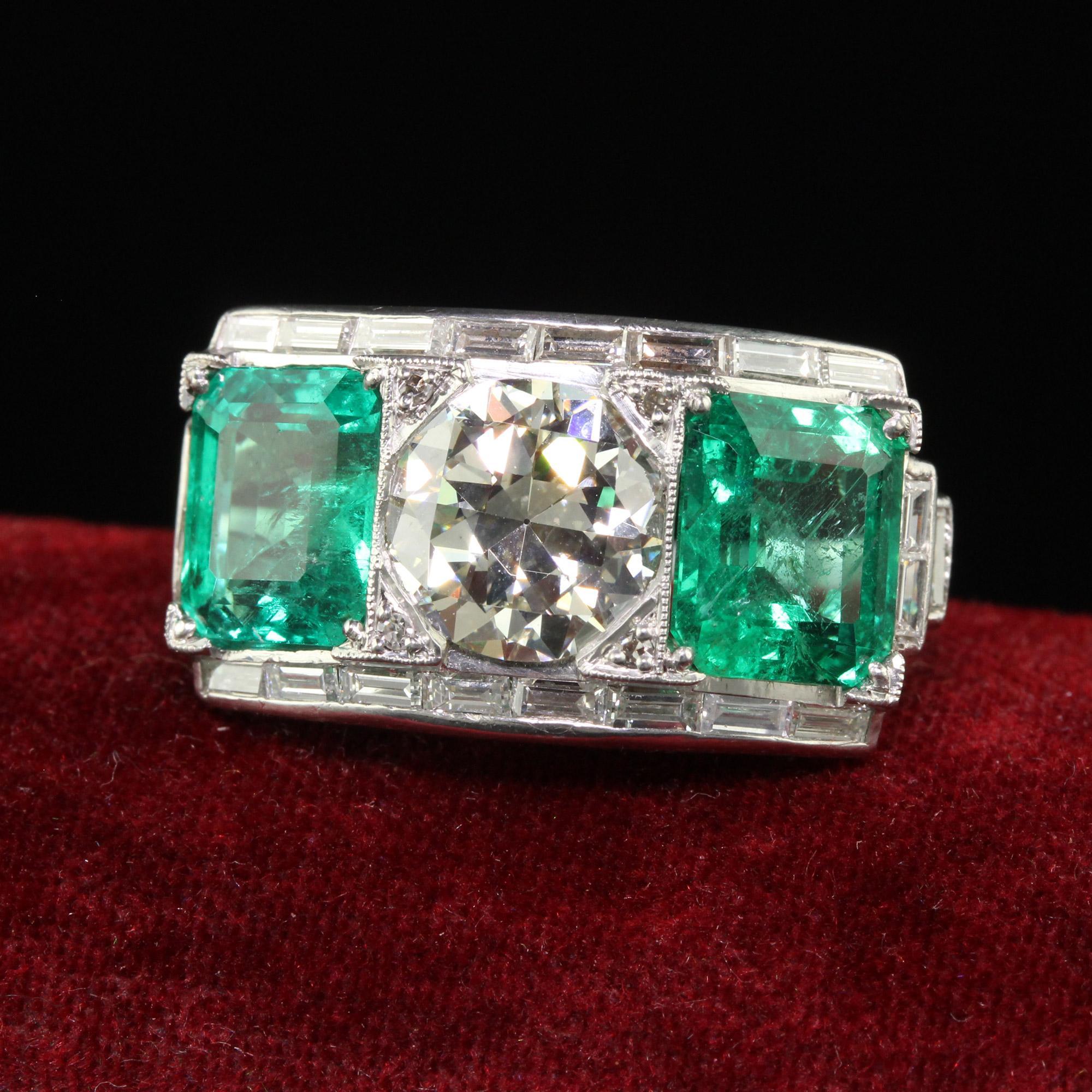 Vintage Retro Platinum Old Cut Diamond and Emerald Three Stone Ring - GIA/AGL For Sale 3