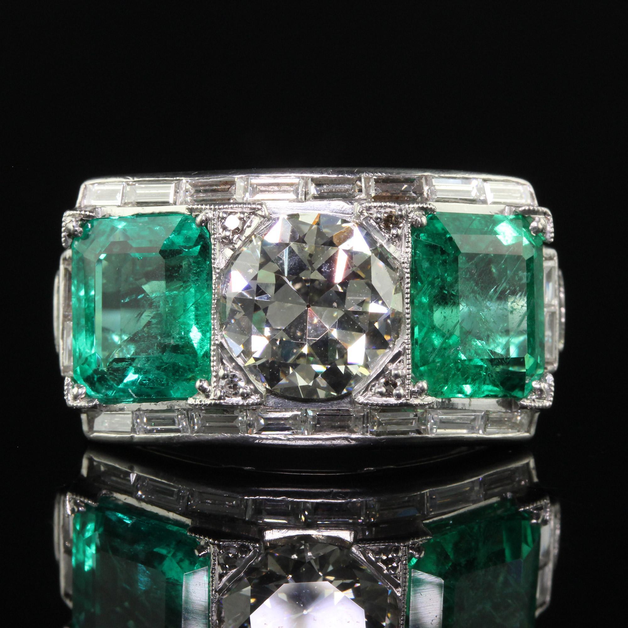 Vintage Retro Platinum Old Cut Diamond and Emerald Three Stone Ring - GIA/AGL For Sale 4