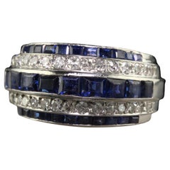 Vintage Retro Platinum Old Cut Diamond and Sapphire Cocktail Ring