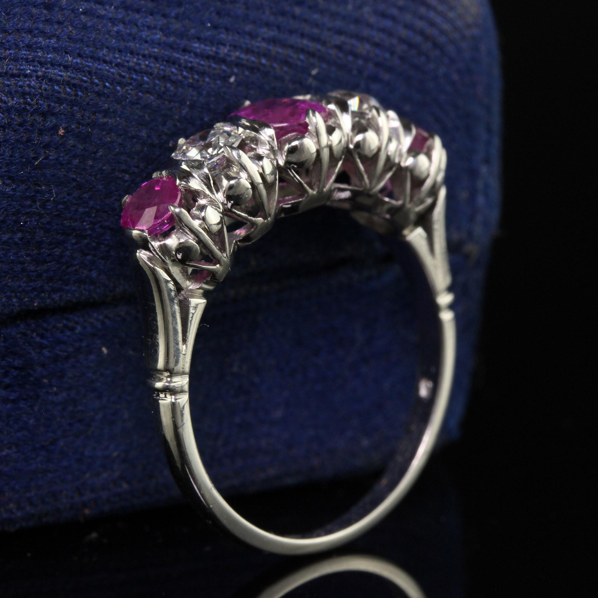 Old European Cut Vintage Retro Platinum Old Euro Diamond and Pink Sapphire Five Stone Ring For Sale