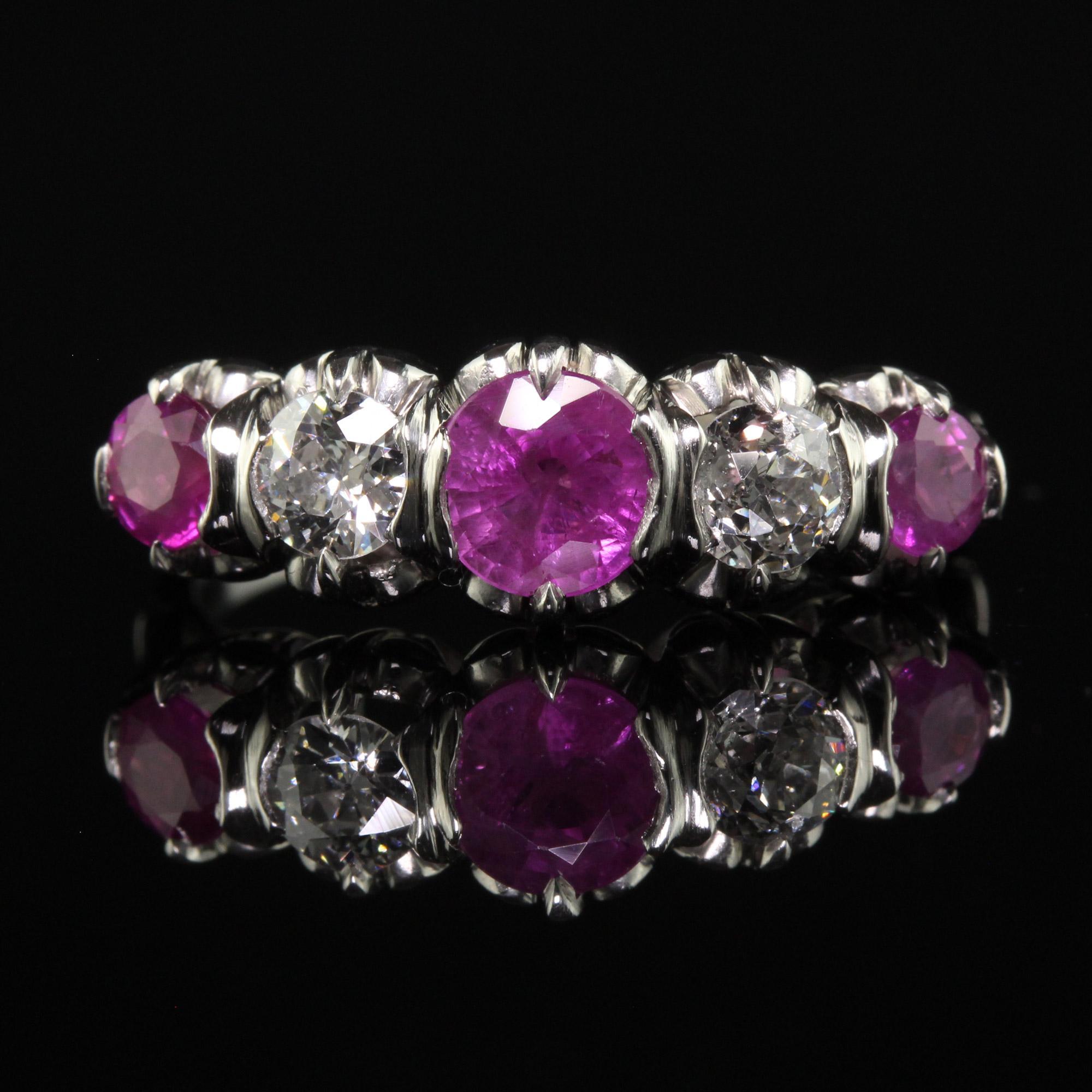 Vintage Retro Platinum Old Euro Diamond and Pink Sapphire Five Stone Ring In Good Condition For Sale In Great Neck, NY