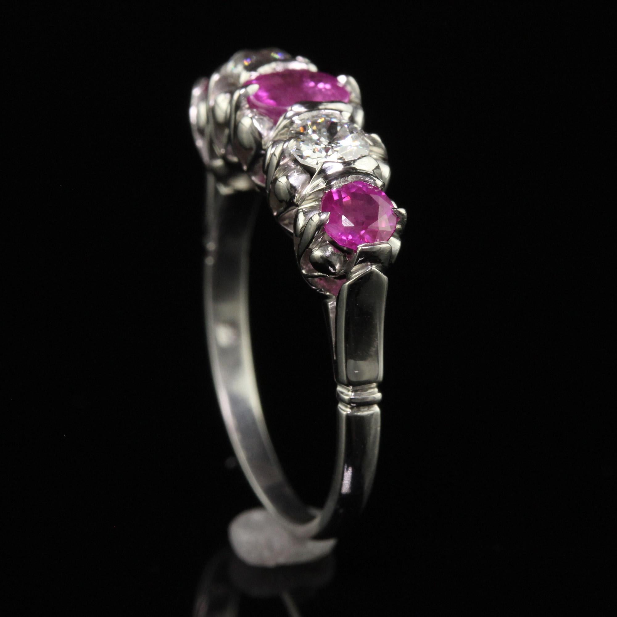Vintage Retro Platinum Old Euro Diamond and Pink Sapphire Five Stone Ring For Sale 1