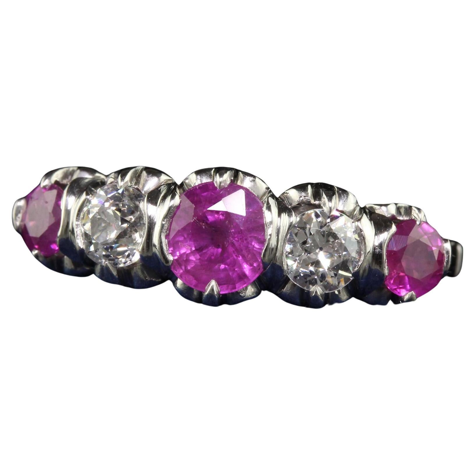 Vintage Retro Platinum Old Euro Diamond and Pink Sapphire Five Stone Ring For Sale