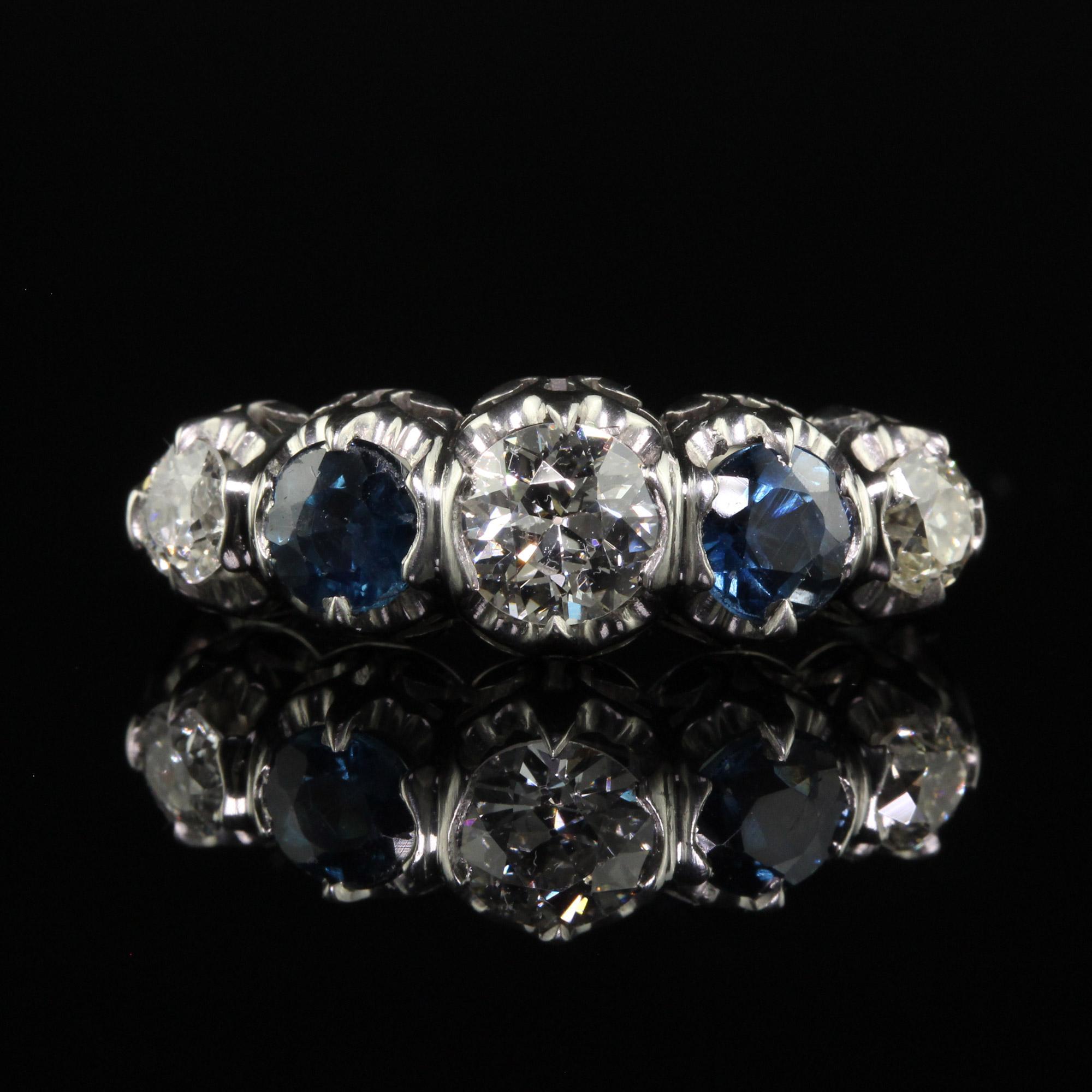 Vintage Retro Platinum Old Euro Diamond and Sapphire Five Stone Ring - GIA In Good Condition For Sale In Great Neck, NY