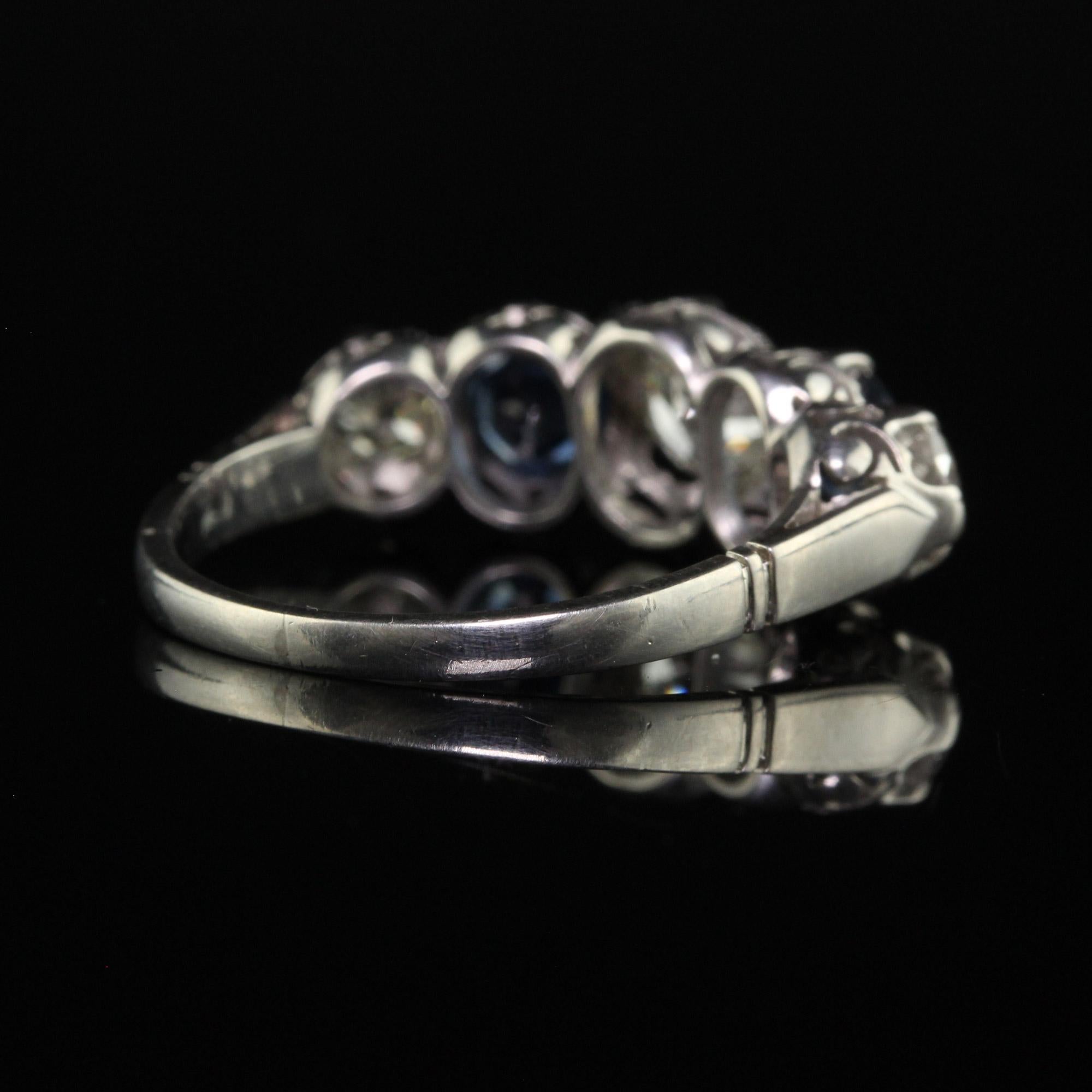 Bague rétro vintage à cinq pierres en platine, diamant européen ancien et saphir - GIA Bon état - En vente à Great Neck, NY