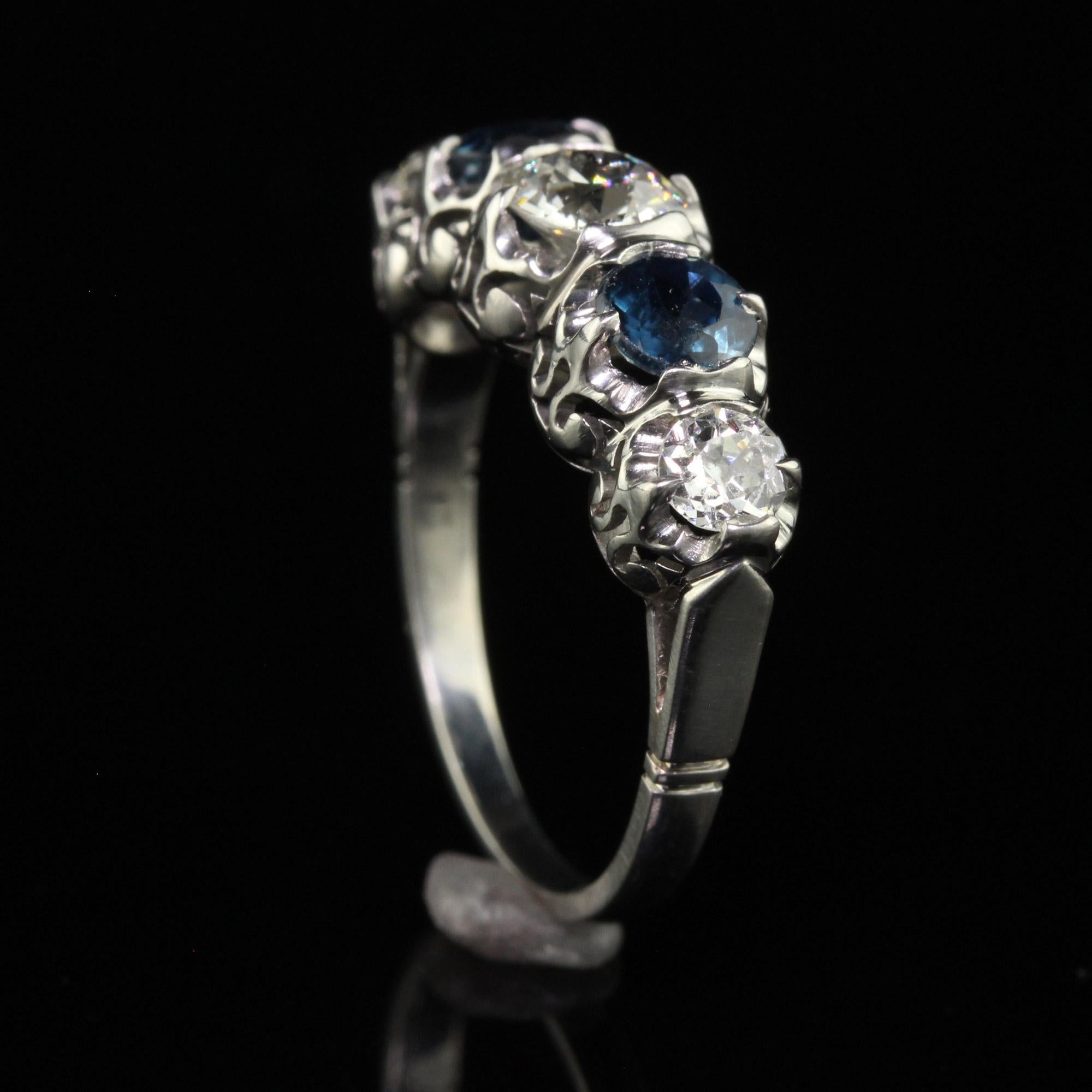 Vintage Retro Platinum Old Euro Diamond and Sapphire Five Stone Ring - GIA For Sale 1