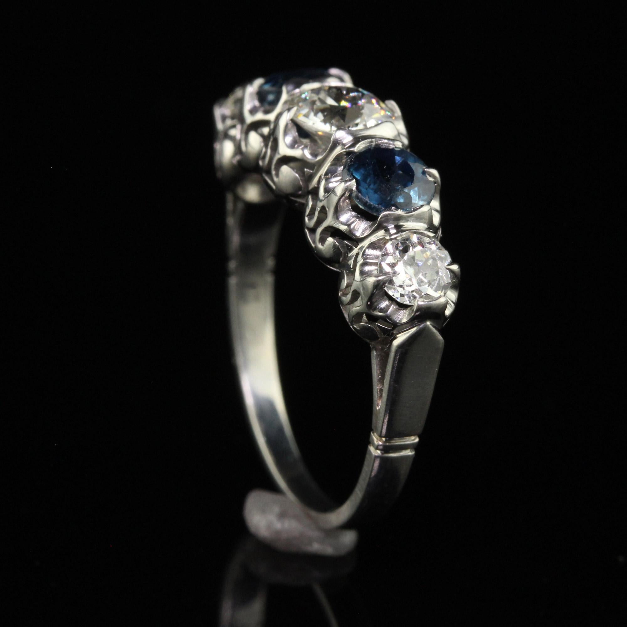 Bague rétro vintage à cinq pierres en platine, diamant européen ancien et saphir - GIA Pour femmes en vente