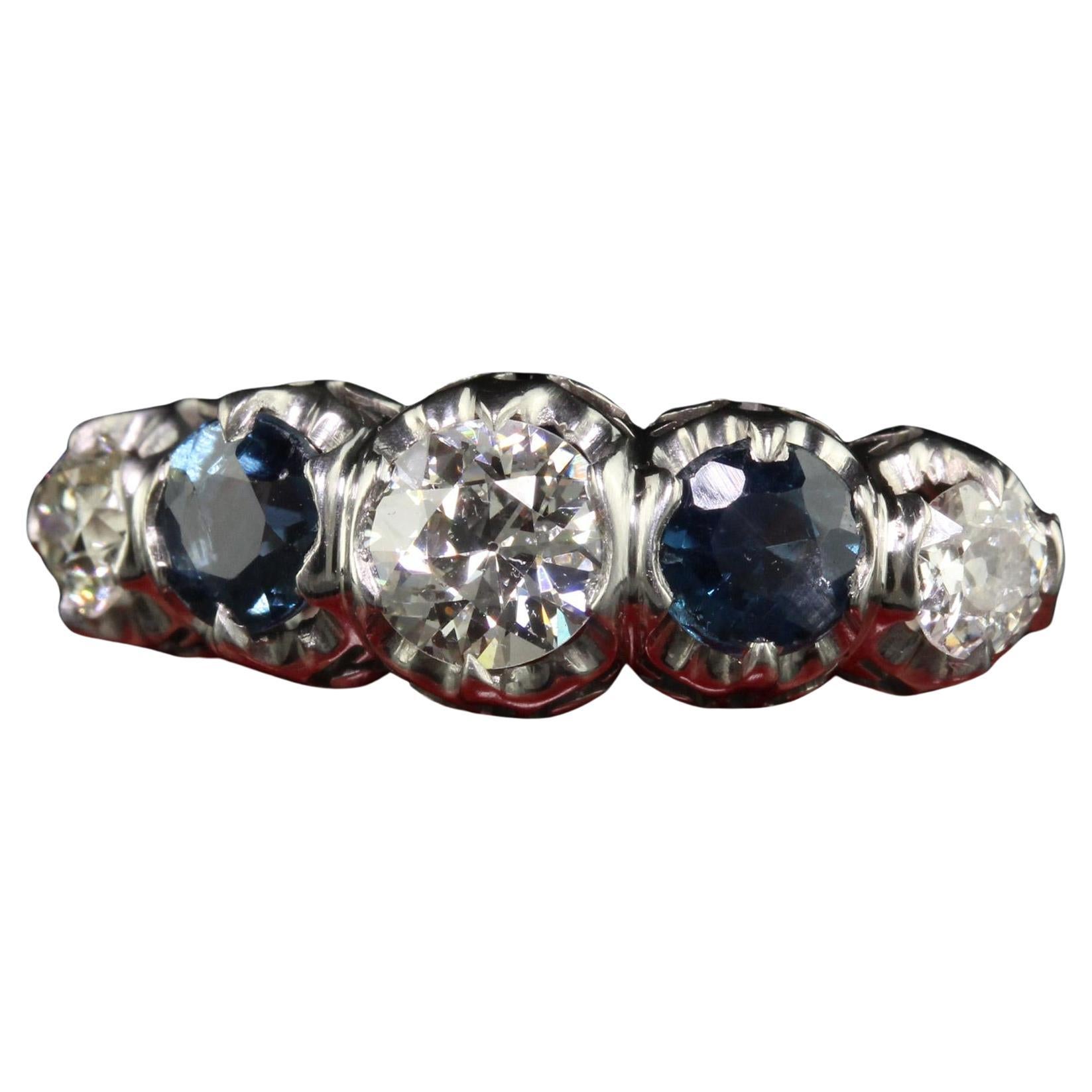 Vintage Retro Platinum Old Euro Diamond and Sapphire Five Stone Ring - GIA