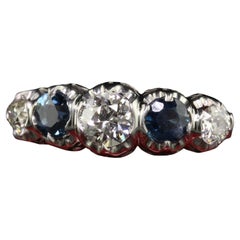 Vintage Retro Platinum Old Euro Diamond and Sapphire Five Stone Ring - GIA