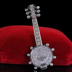 Vintage Retro Platinum Old European Cut Diamond Banjo Pin Brooch