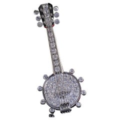 Vintage Retro Platinum Old European Cut Diamond Banjo Pin Brooch