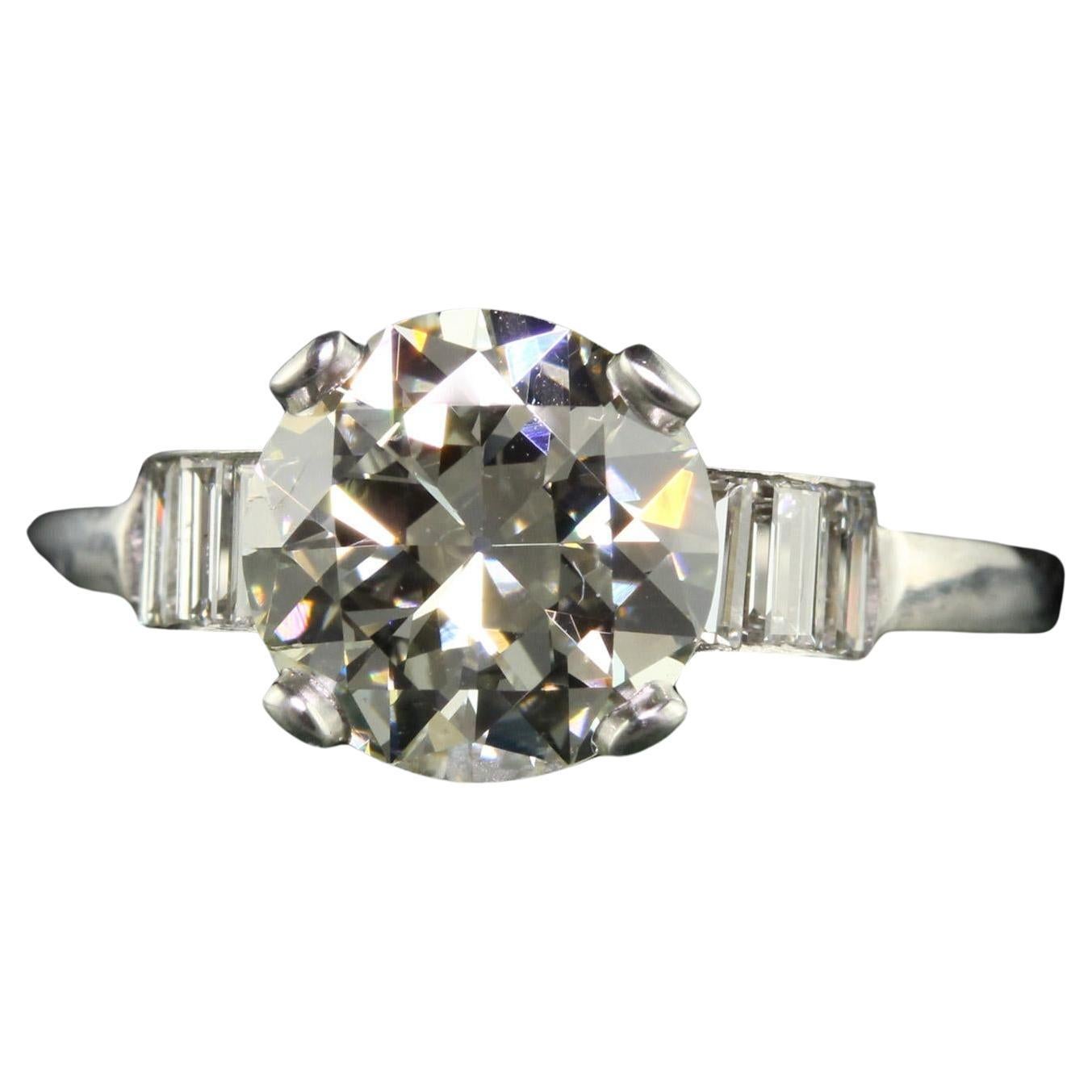Vintage Retro Platinum Old European Diamond Engagement Ring - GIA For Sale