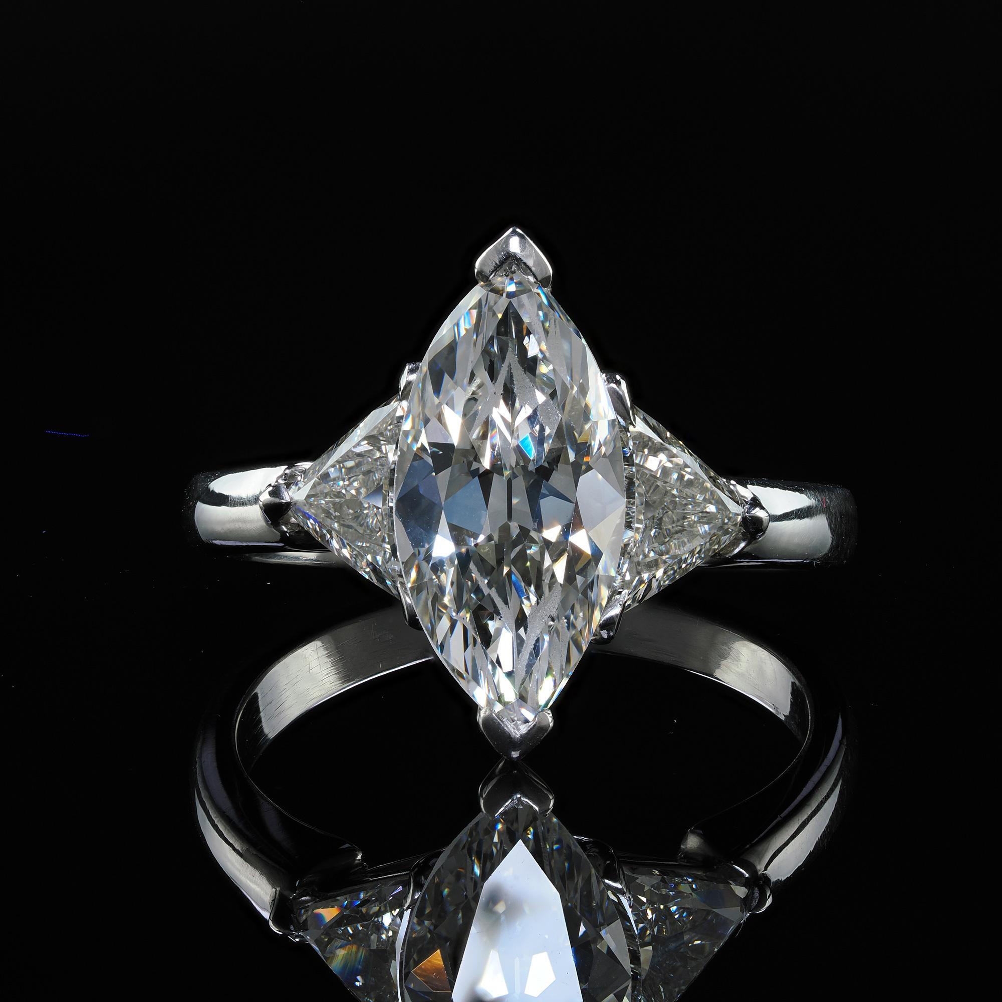 Vintage Retro Platinum Old Marquise Trillion Cut Diamond Engagement Ring - GIA For Sale 1