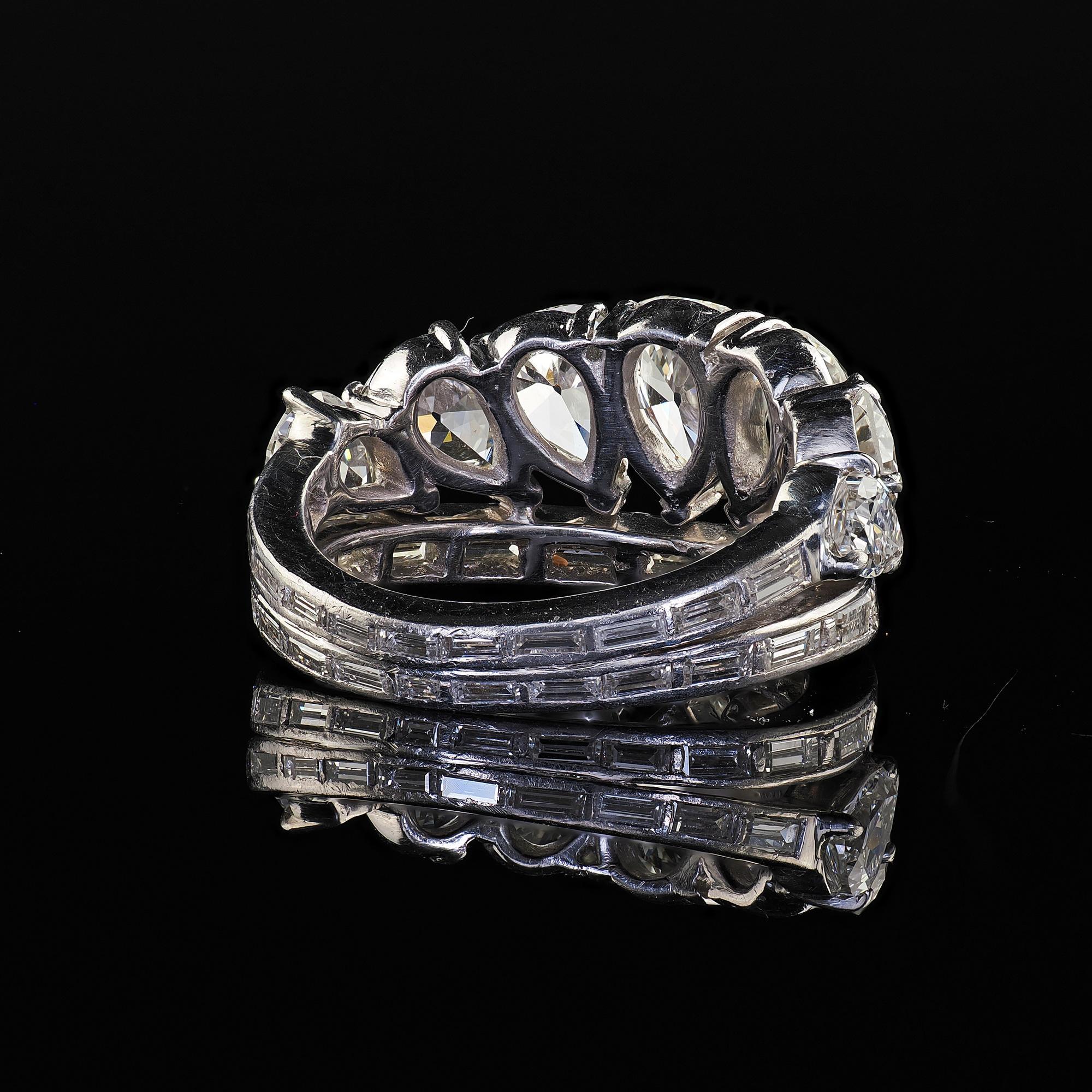 Vintage Retro Platinum Old Pear Cut and Baguette Diamond Eternity Band Ring 6