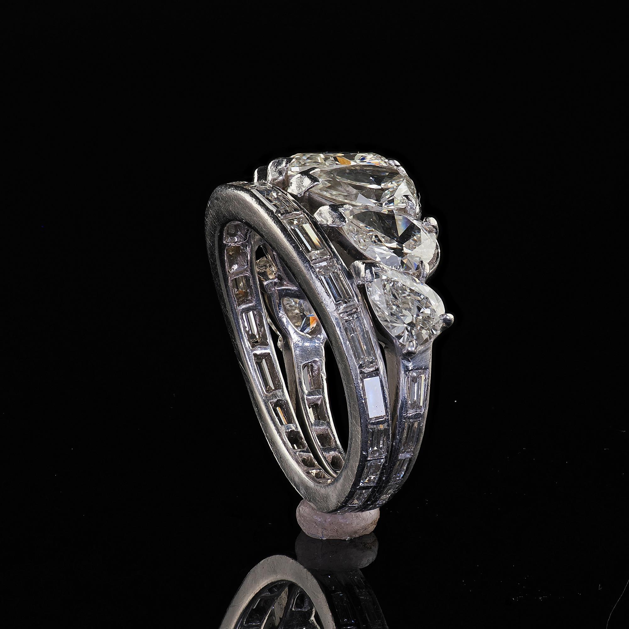 Vintage Retro Platinum Old Pear Cut and Baguette Diamond Eternity Band Ring 7