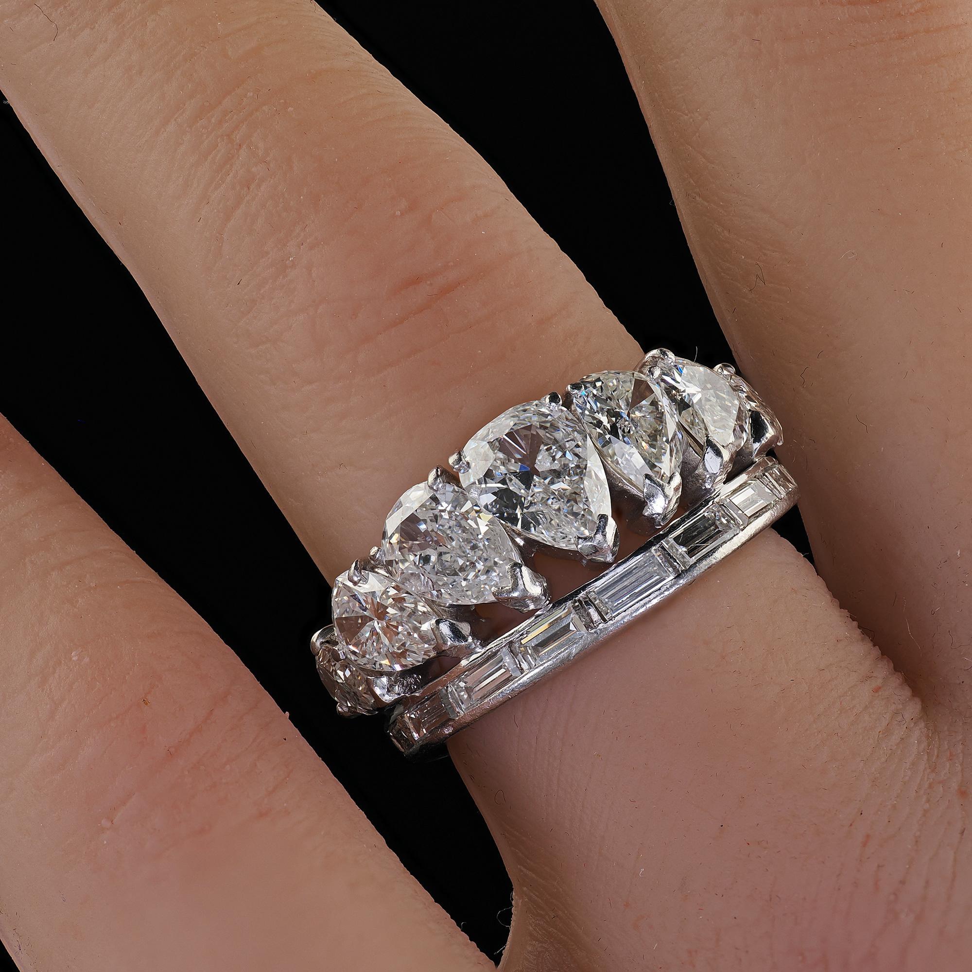 Vintage Retro Platinum Old Pear Cut and Baguette Diamond Eternity Band Ring 8