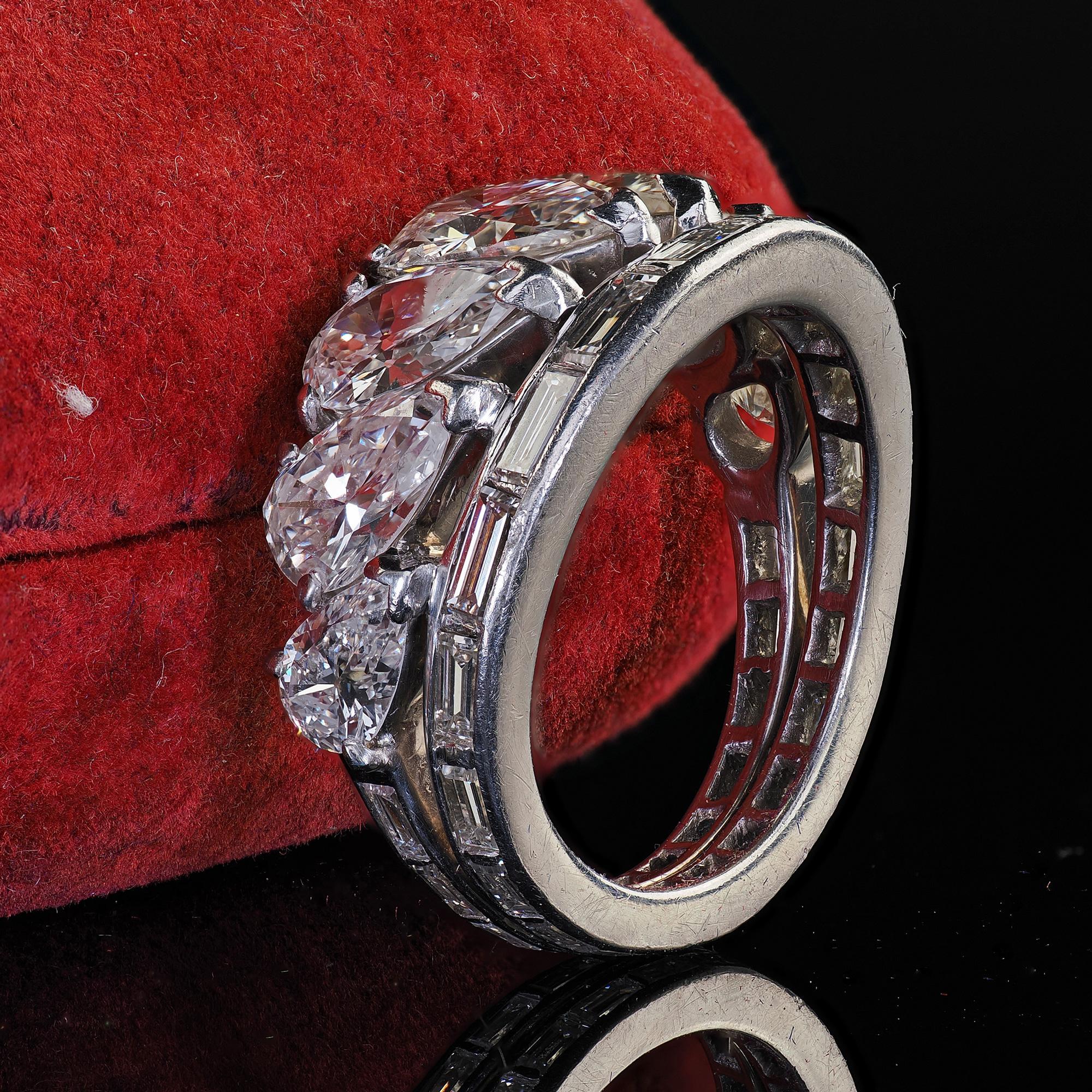Vintage Retro Platinum Old Pear Cut and Baguette Diamond Eternity Band Ring In Good Condition In Great Neck, NY