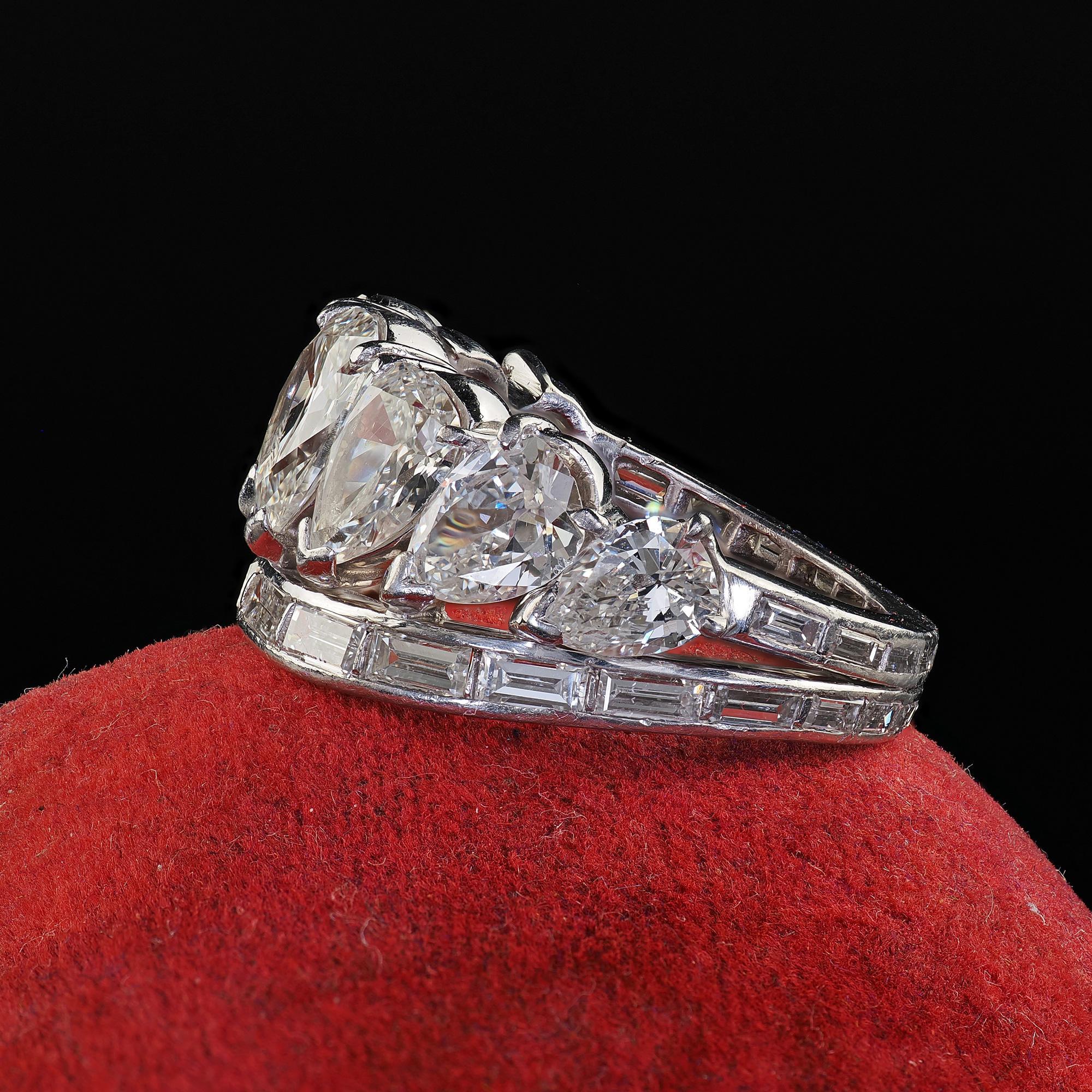 Vintage Retro Platinum Old Pear Cut and Baguette Diamond Eternity Band Ring 1
