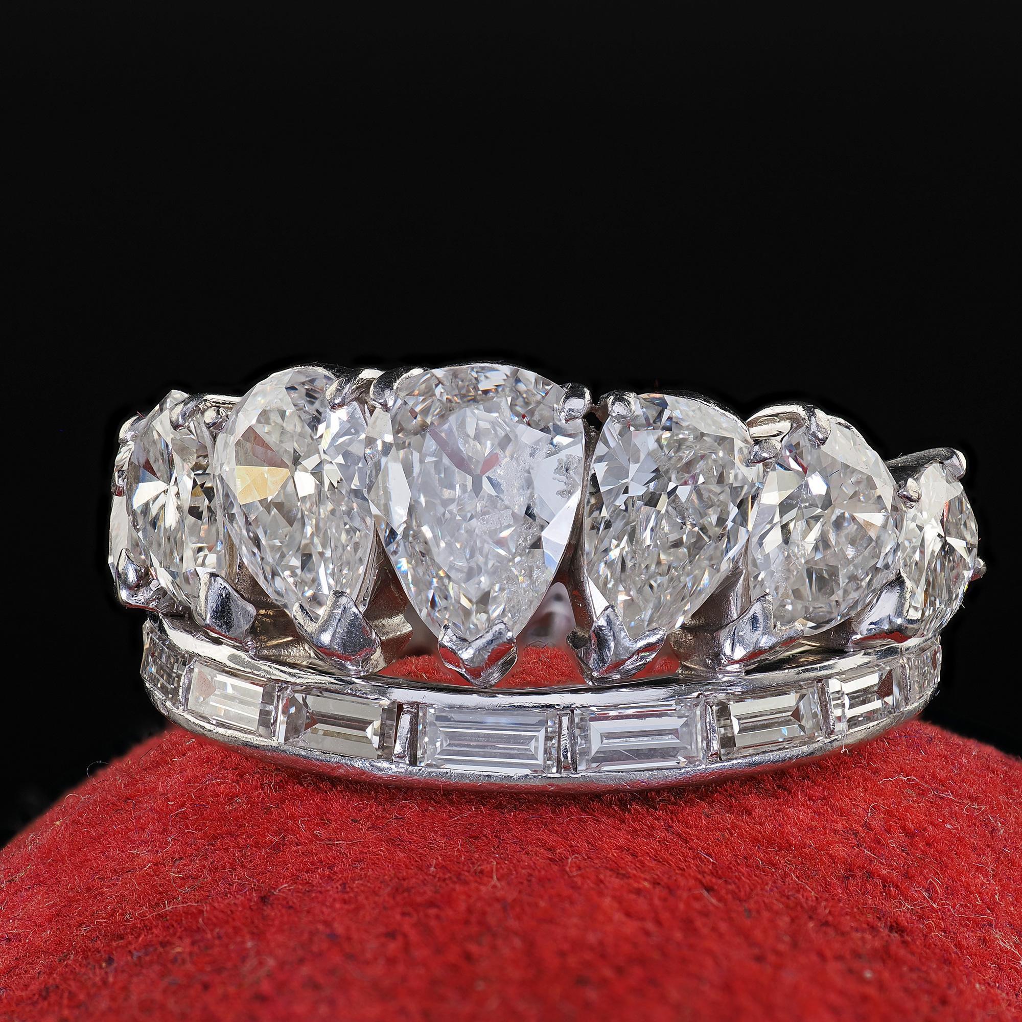 Vintage Retro Platinum Old Pear Cut and Baguette Diamond Eternity Band Ring 2