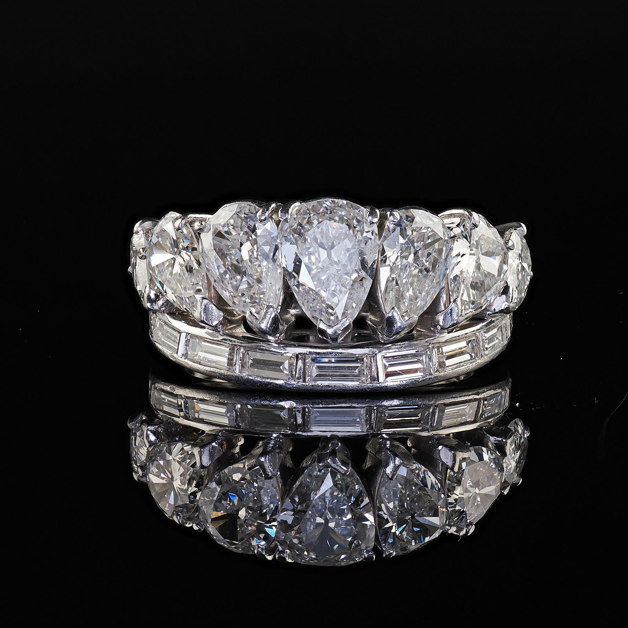 Vintage Retro Platinum Old Pear Cut and Baguette Diamond Eternity Band Ring 5