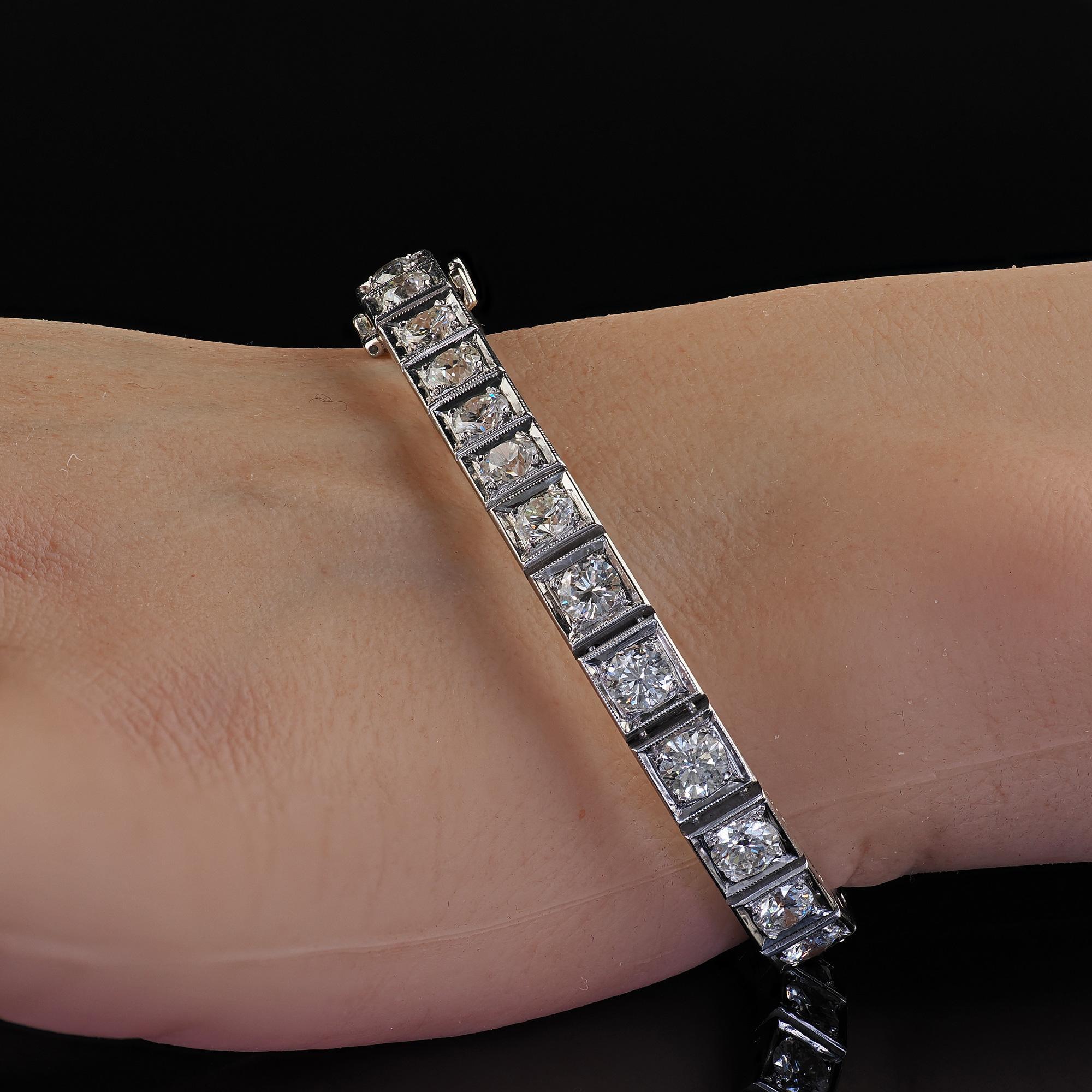 Vintage Retro Platinum Old Transitional Cut Diamond Tennis Bracelet For Sale 4