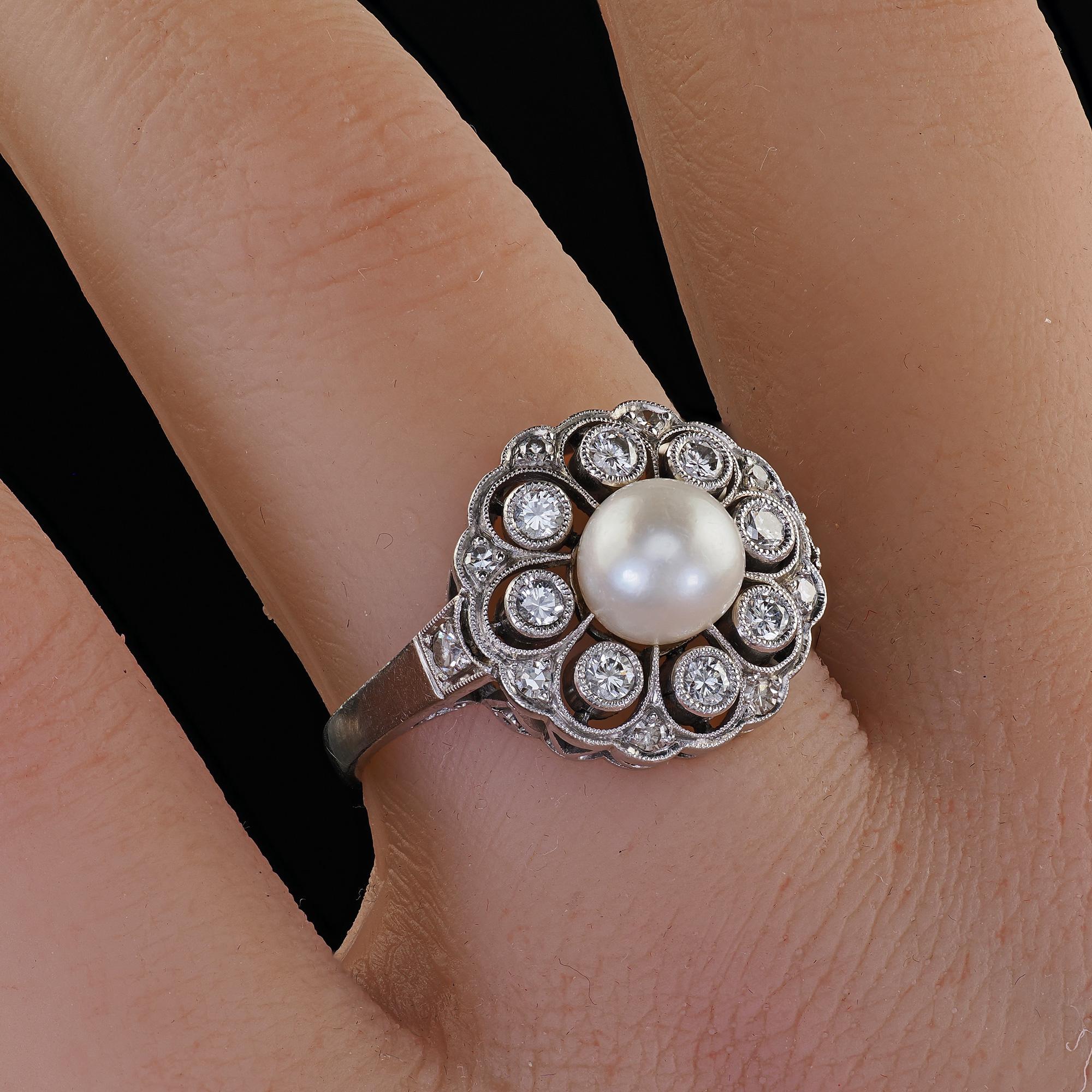 Vintage Retro Platinum Pearl and Old Cut Diamond Filigree Cocktail Ring For Sale 5