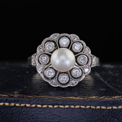 Vintage Retro Platinum Pearl and Old Cut Diamond Filigree Cocktail Ring