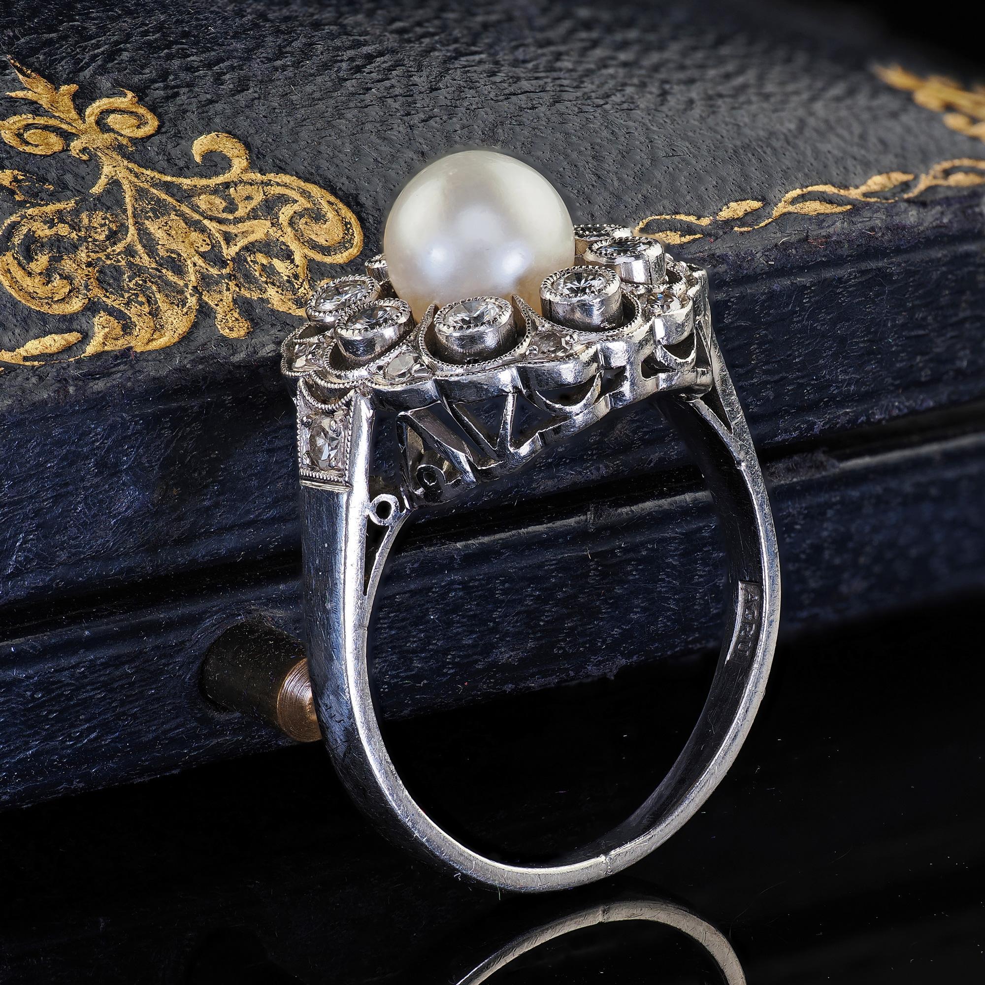 Round Cut Vintage Retro Platinum Pearl and Old Cut Diamond Filigree Cocktail Ring For Sale