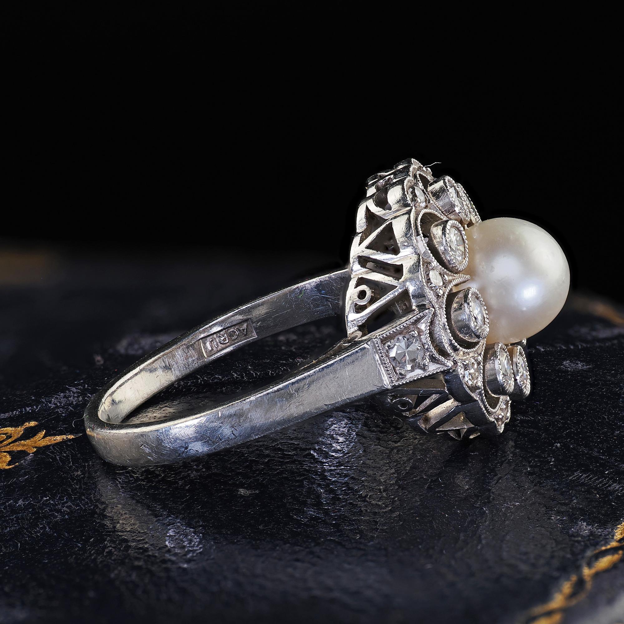 Vintage Retro Platinum Pearl and Old Cut Diamond Filigree Cocktail Ring In Good Condition For Sale In Great Neck, NY