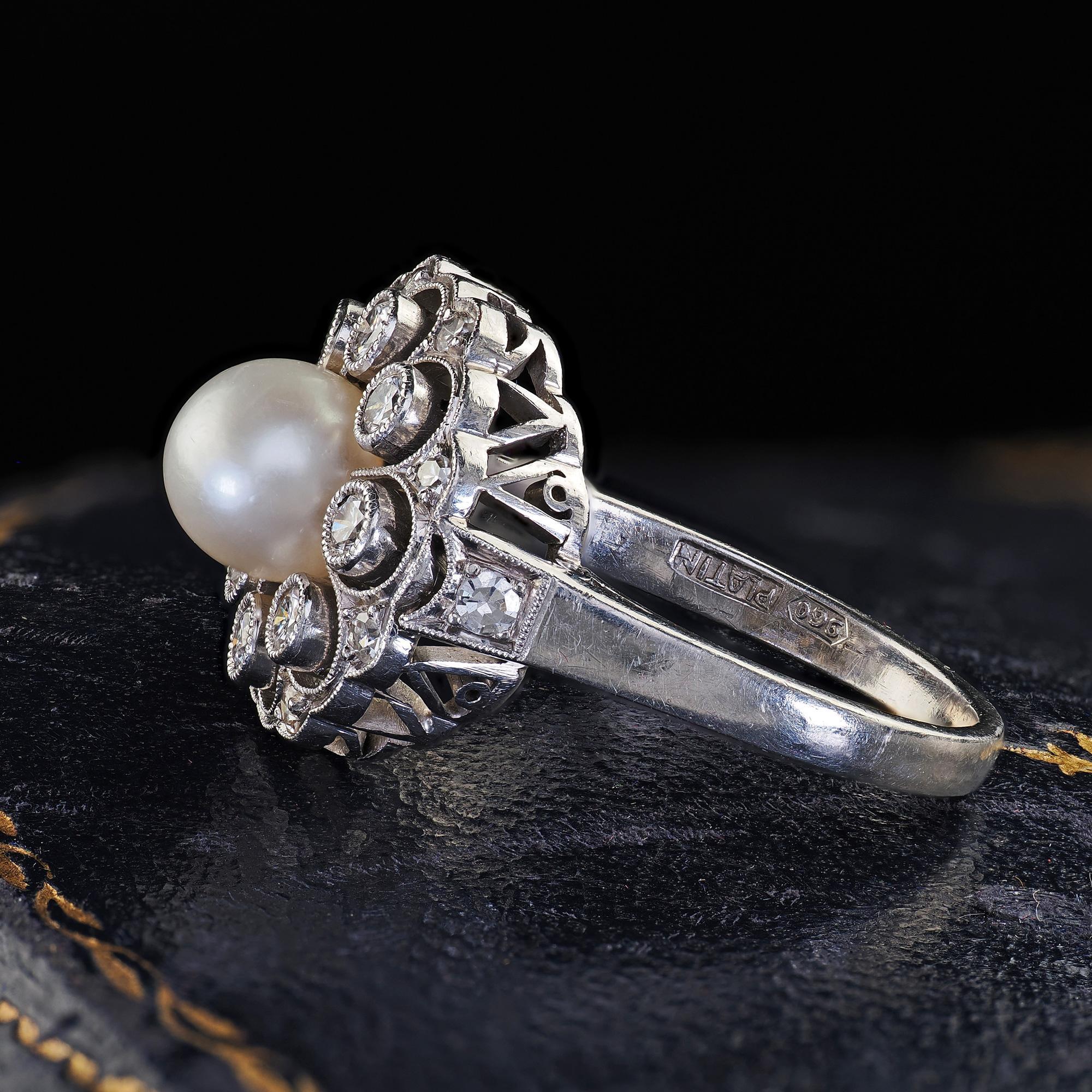 Women's Vintage Retro Platinum Pearl and Old Cut Diamond Filigree Cocktail Ring For Sale