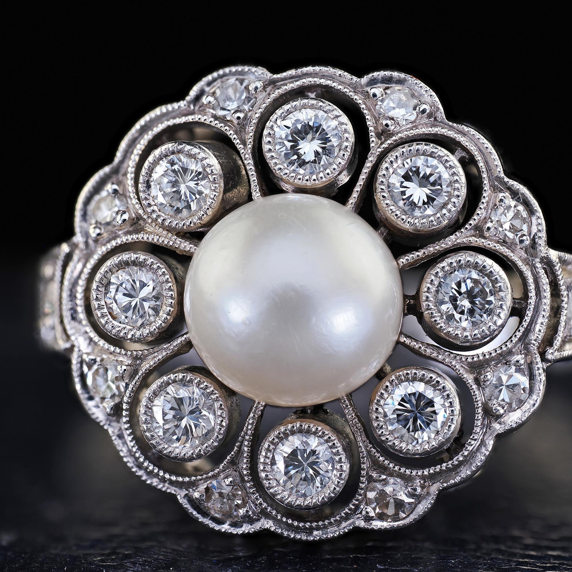 Vintage Retro Platinum Pearl and Old Cut Diamond Filigree Cocktail Ring For Sale 1